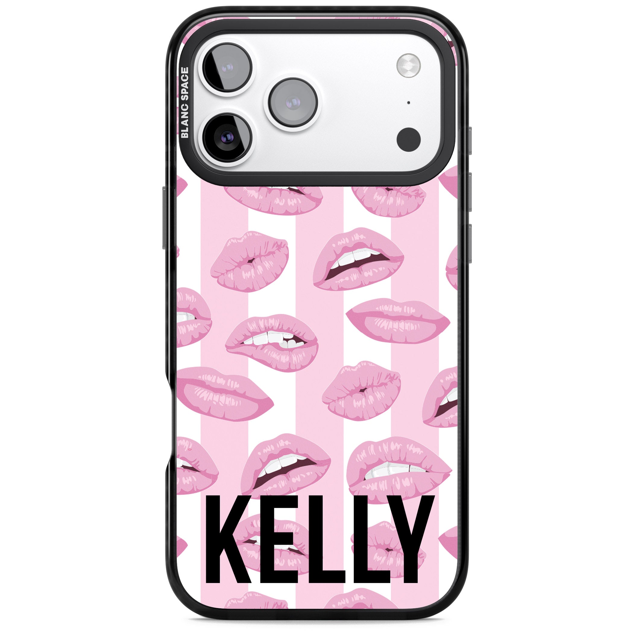 Personalised Pink Stripes & Lips iPhone 17 Pro Impact Black Phone Case