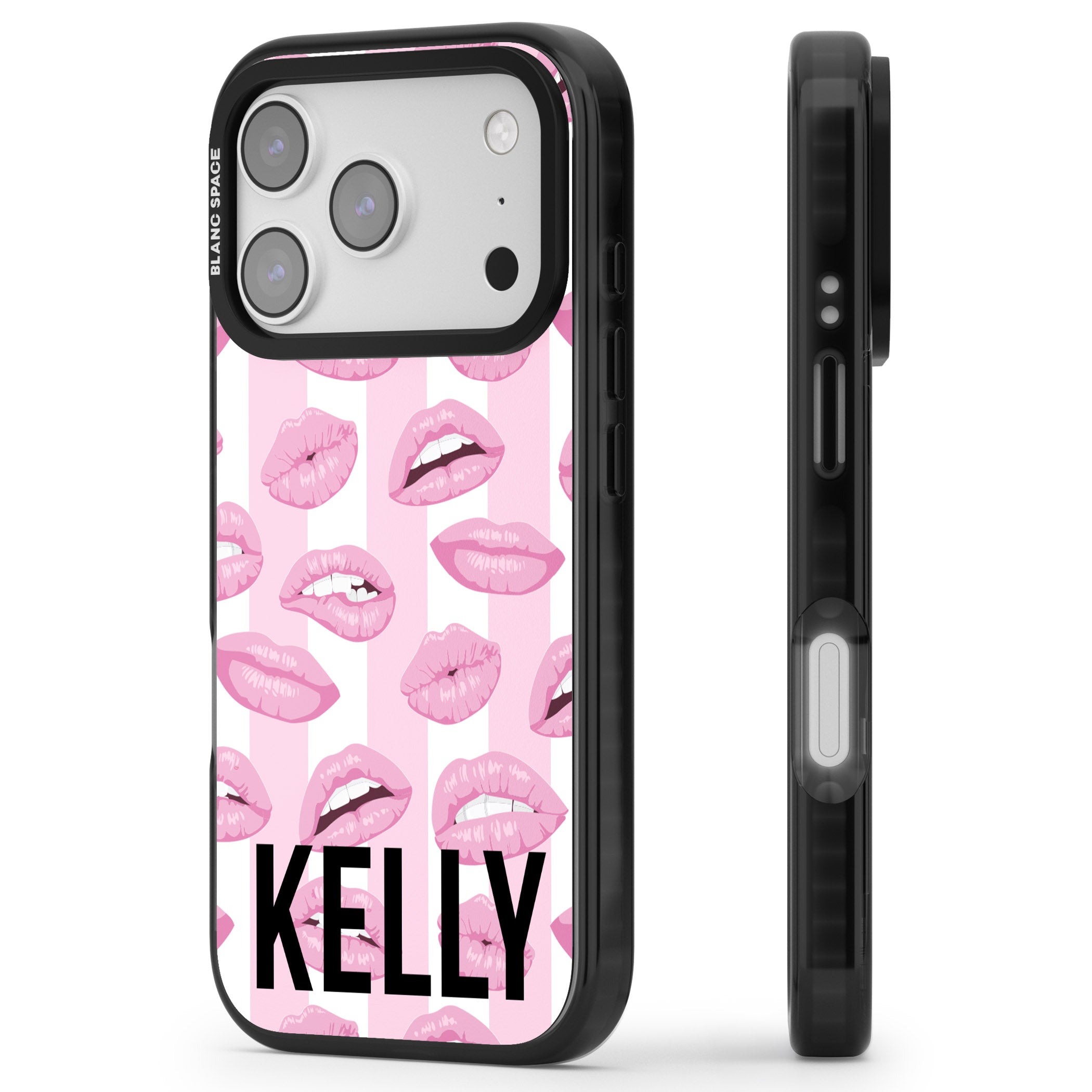 Personalised Pink Stripes & Lips iPhone 17 Pro Impact Black Phone Case Side Profile