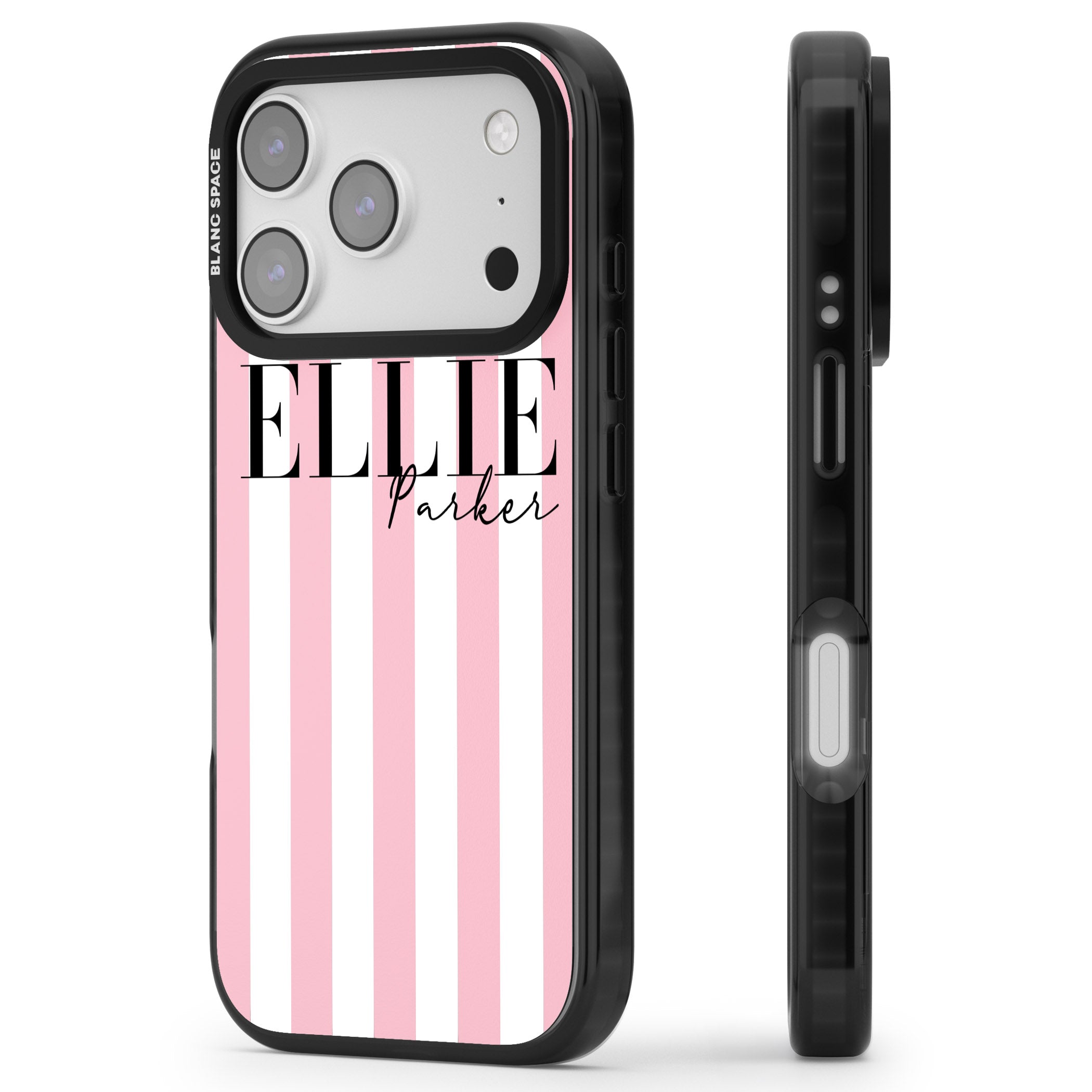 Personalised Pink Stripes iPhone 17 Pro Impact Black Phone Case Side Profile