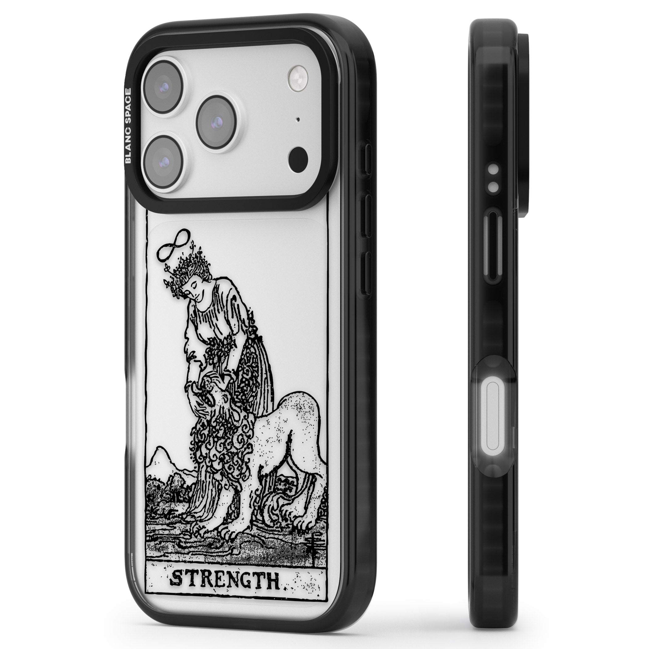 Personalised Strength Tarot Card (Clear) iPhone 17 Pro Impact Black Phone Case Side Profile