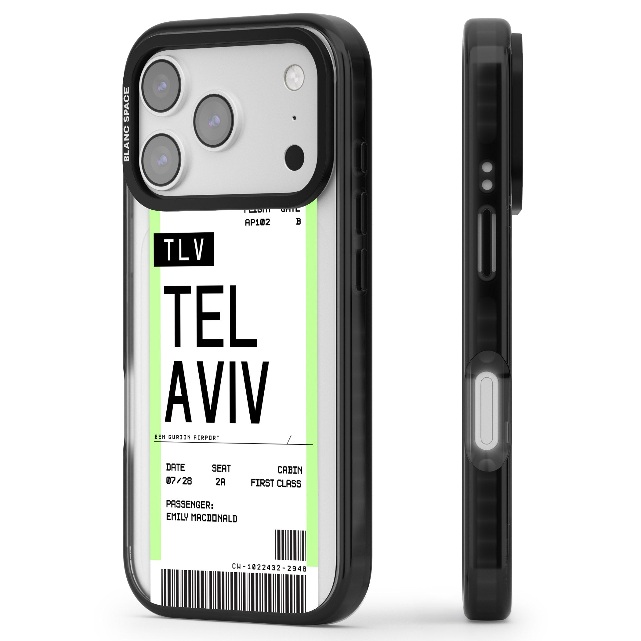 Personalised Tel Aviv Boarding Pass iPhone 17 Pro Impact Black Phone Case Side Profile