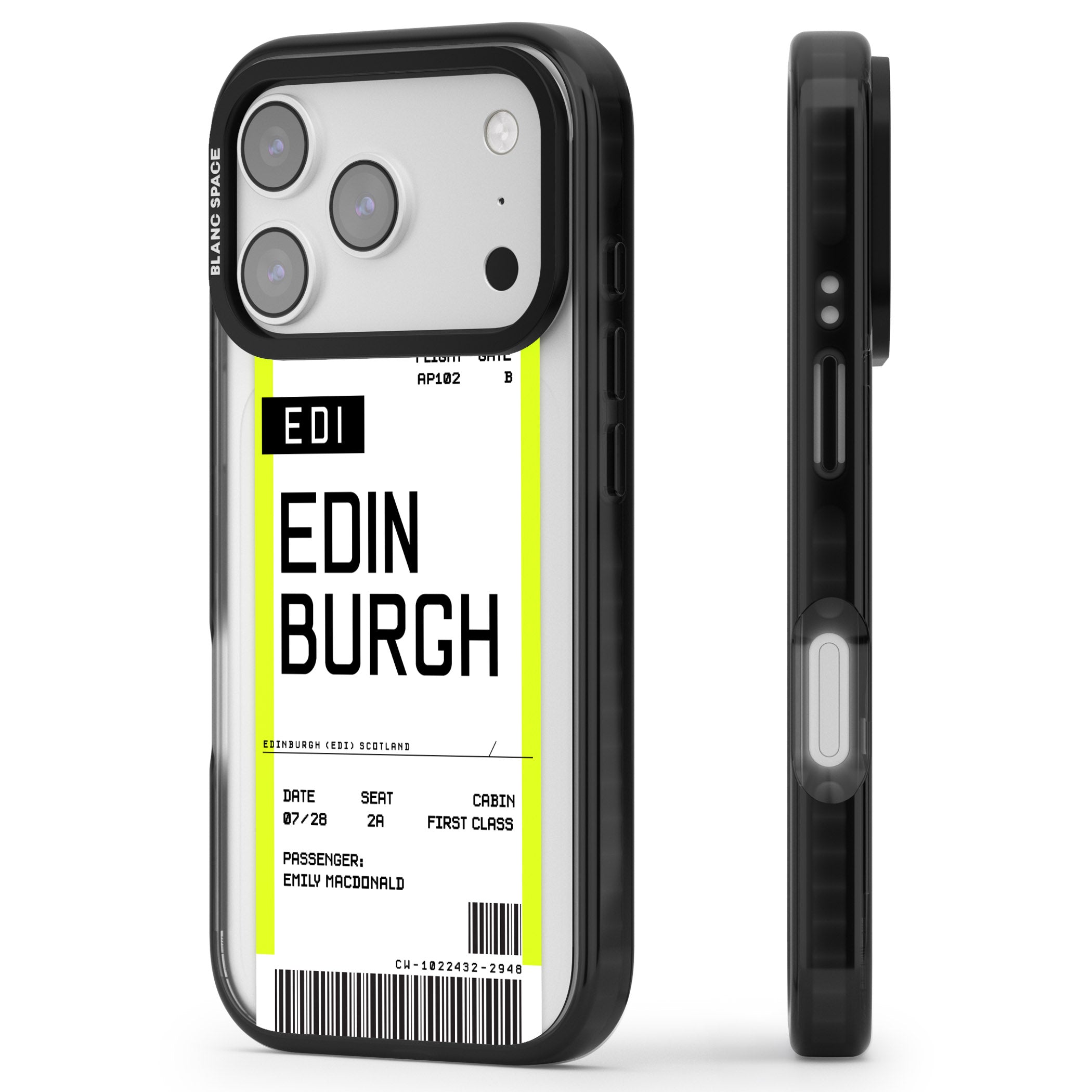 Personalised Edinburgh Boarding Pass iPhone 17 Pro Impact Black Phone Case Side Profile
