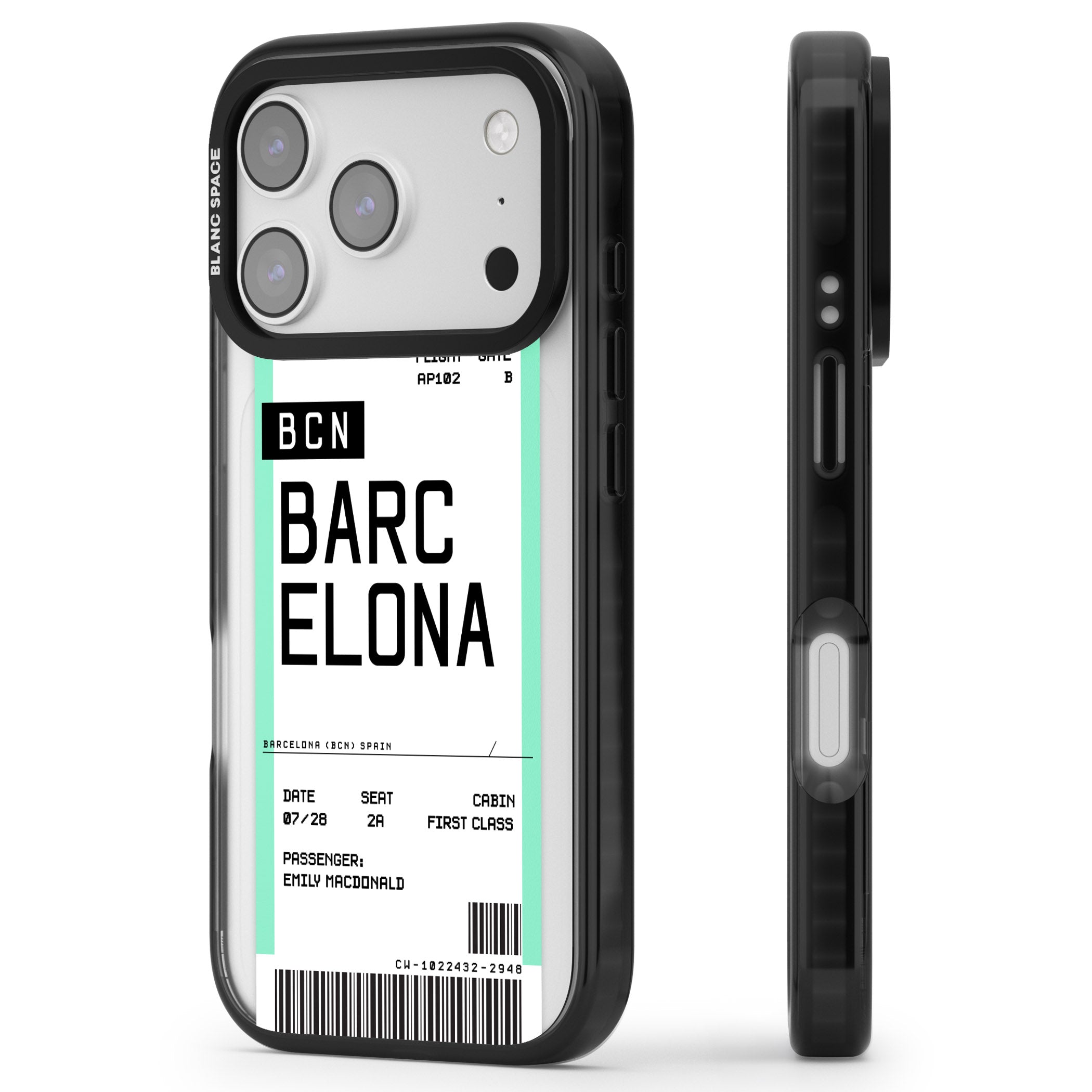 Personalised Barcelona Boarding Pass iPhone 17 Pro Impact Black Phone Case Side Profile