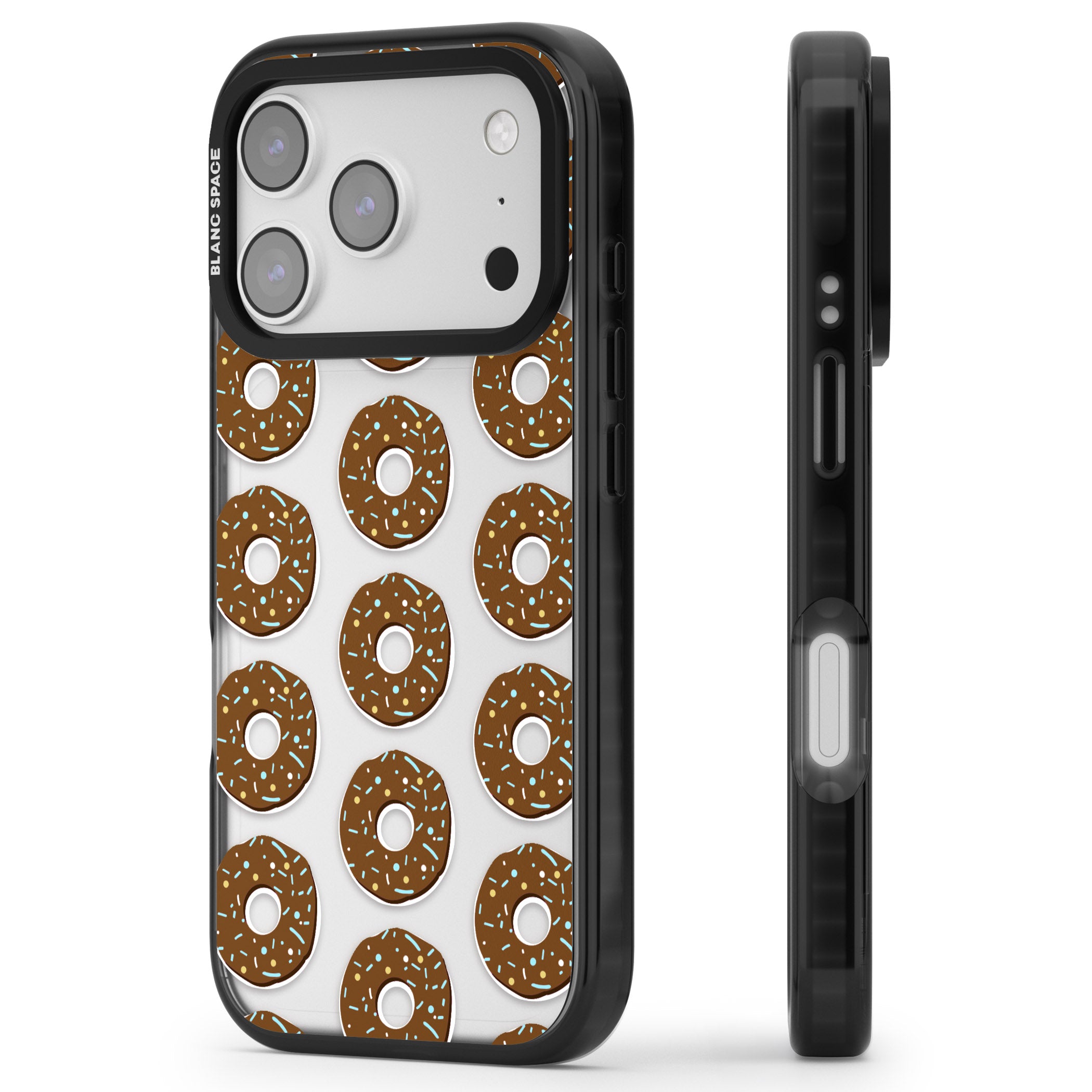 Chocolate Donut Pattern iPhone 17 Pro Impact Black Phone Case Side Profile