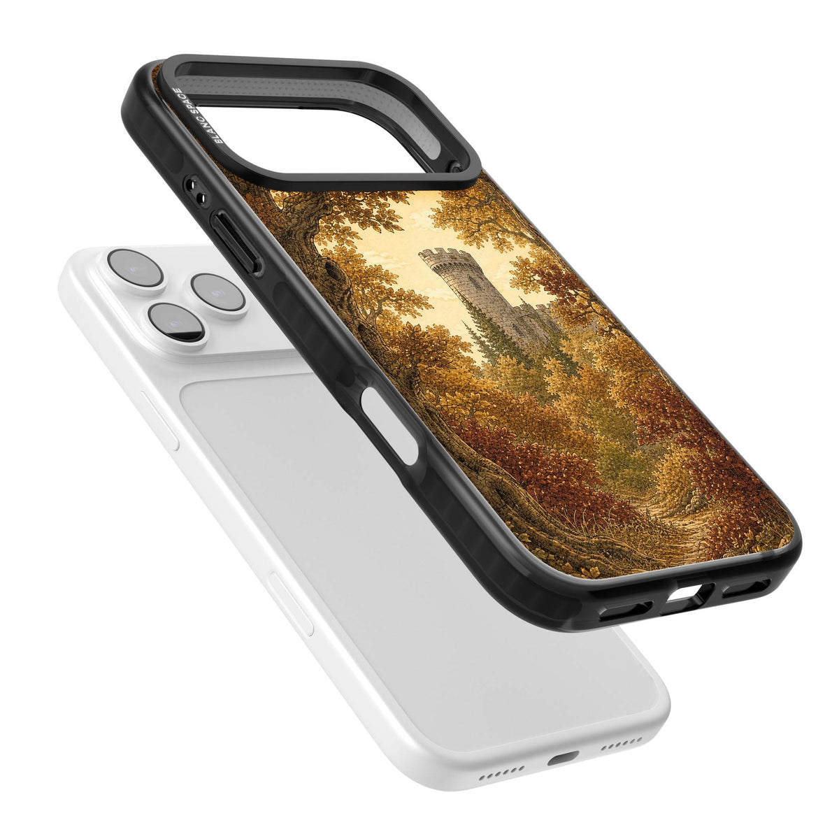 Autumn Keep cottagecore iPhone case featuring a medieval castle tower framed by golden autumn trees and woodland foliage | Clear Impact case for iPhone 17 Pro, iPhone 17 Pro Max