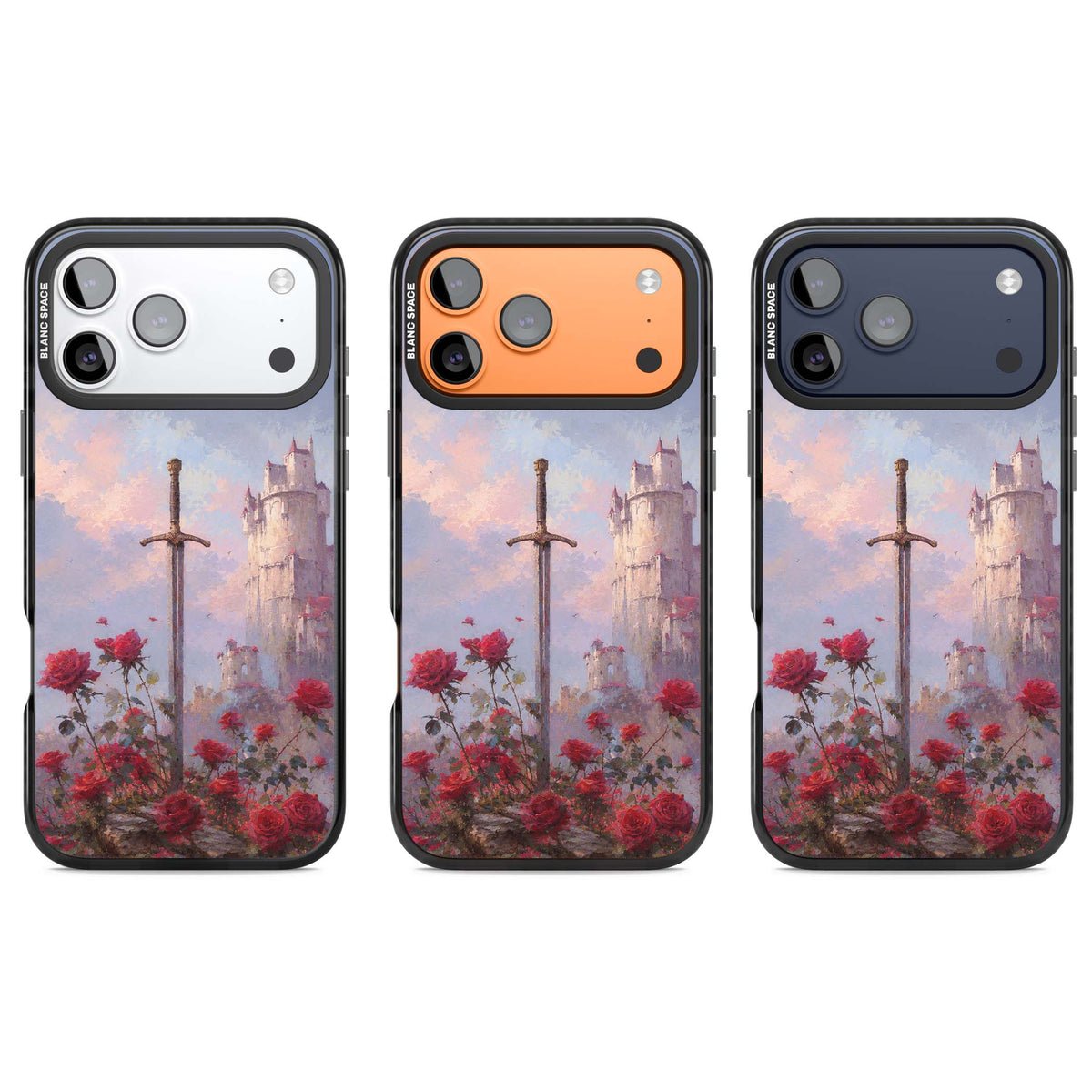Sword in Roses medieval art iPhone case featuring a sword, red roses, and a misty fairytale castle at sunset | Clear Impact case for iPhone 17 Pro, iPhone 17 Pro Max