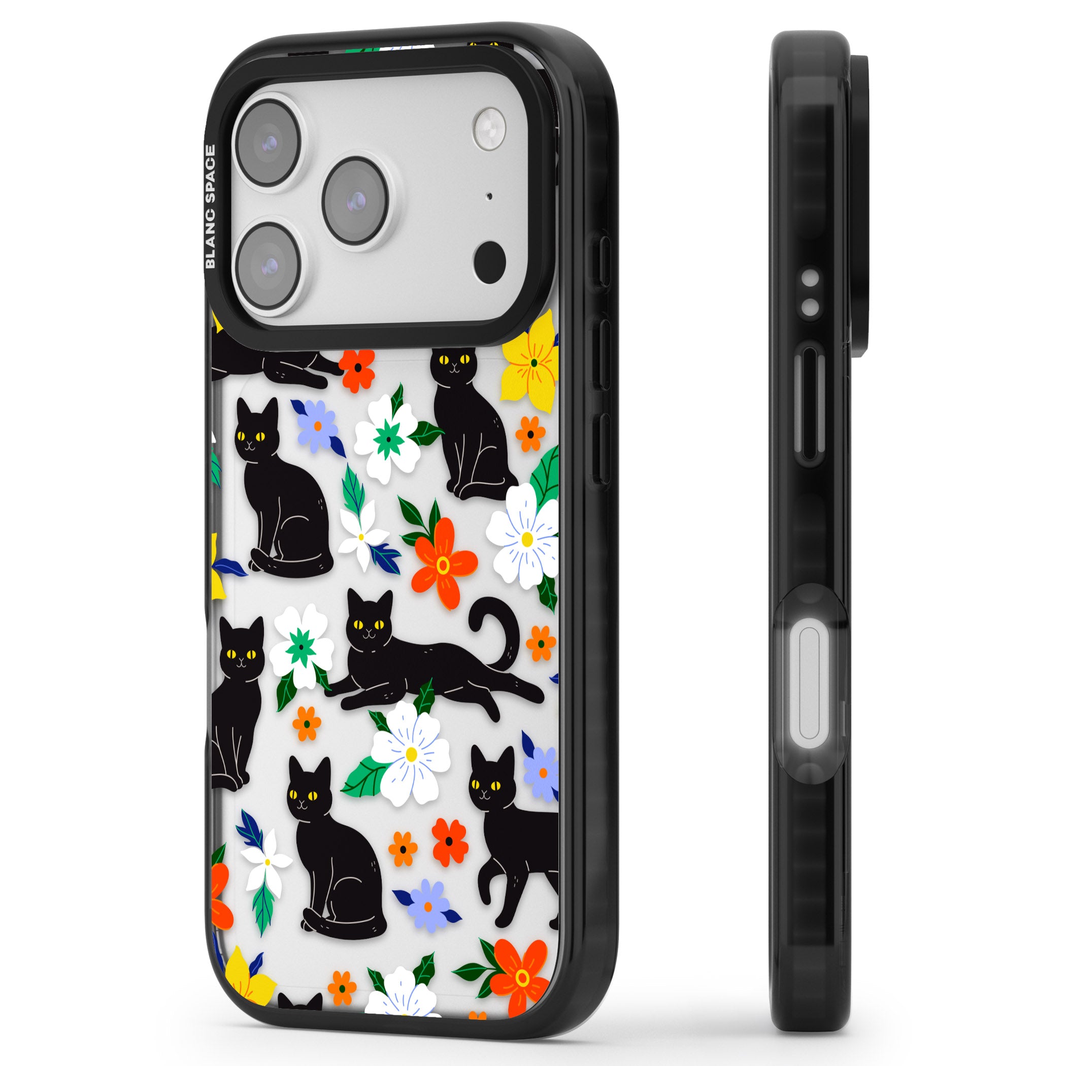 Cats Flowers iPhone 17 Pro Max Impact Black Phone Case Side Profile