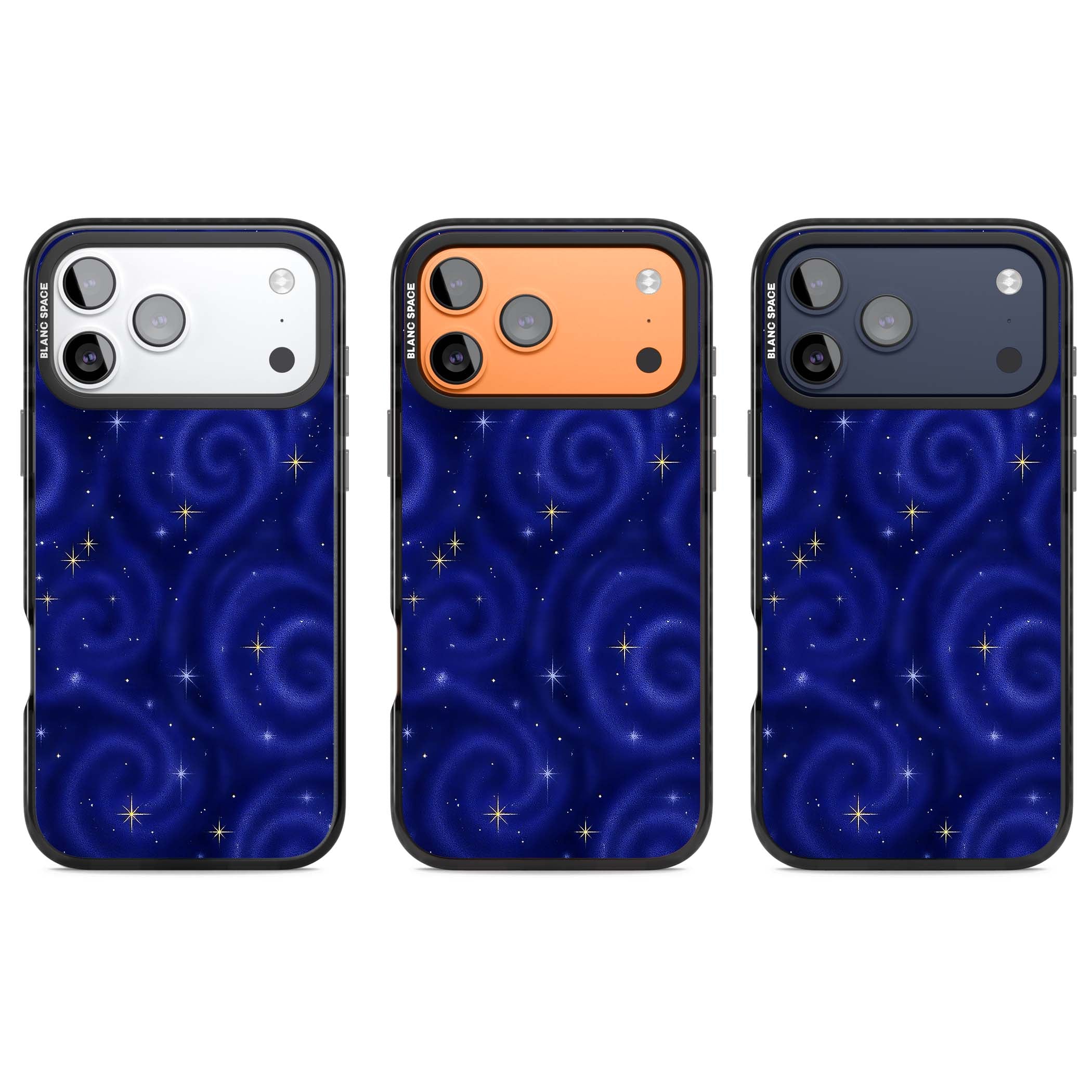 Indigo Cosmos celestial iPhone case featuring swirling navy night sky and sparkling golden stars | Clear Impact case for iPhone 17 Pro, iPhone 17 Pro Max