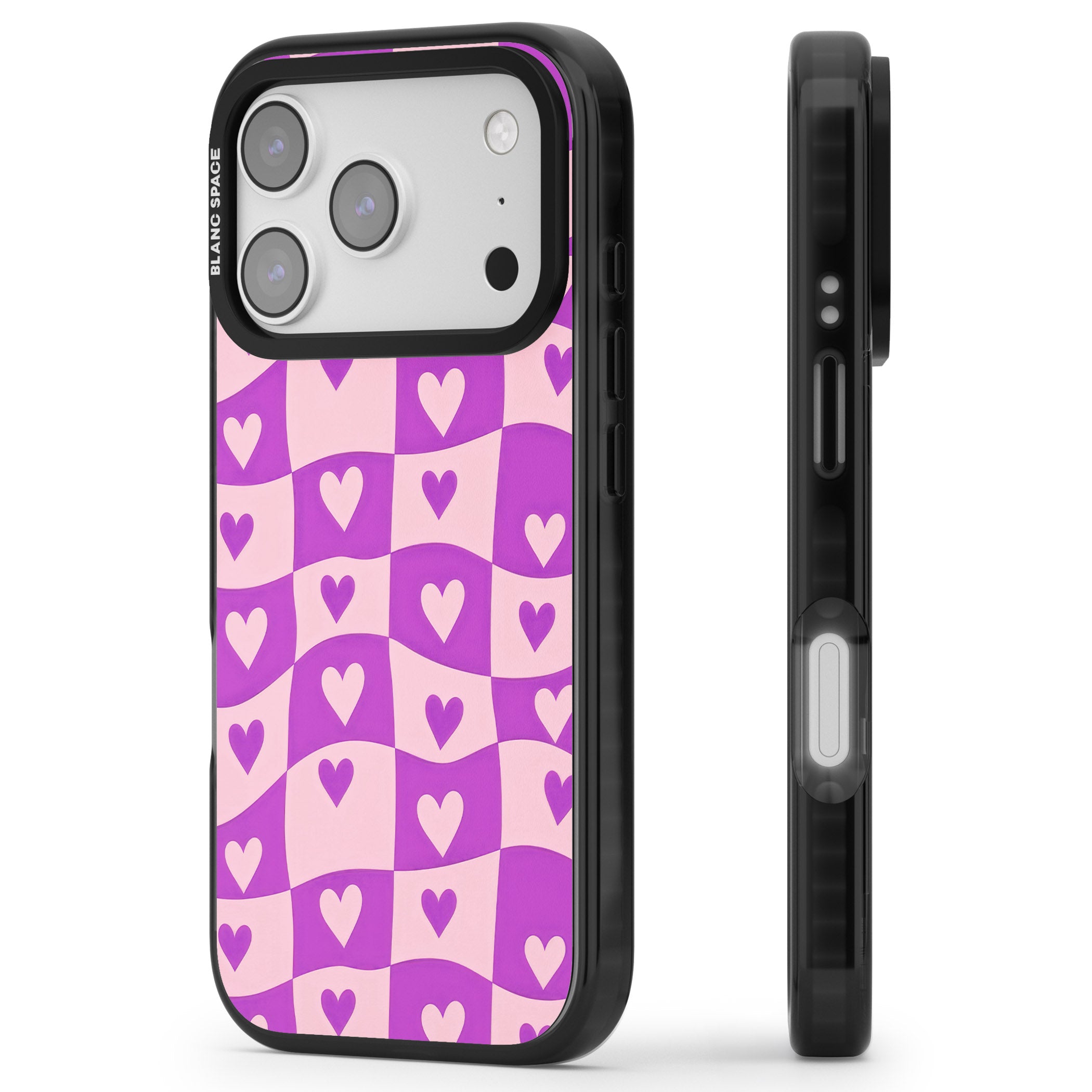 Purple Wavy Checked Hearts iPhone 17 Pro Impact Black Phone Case Side Profile