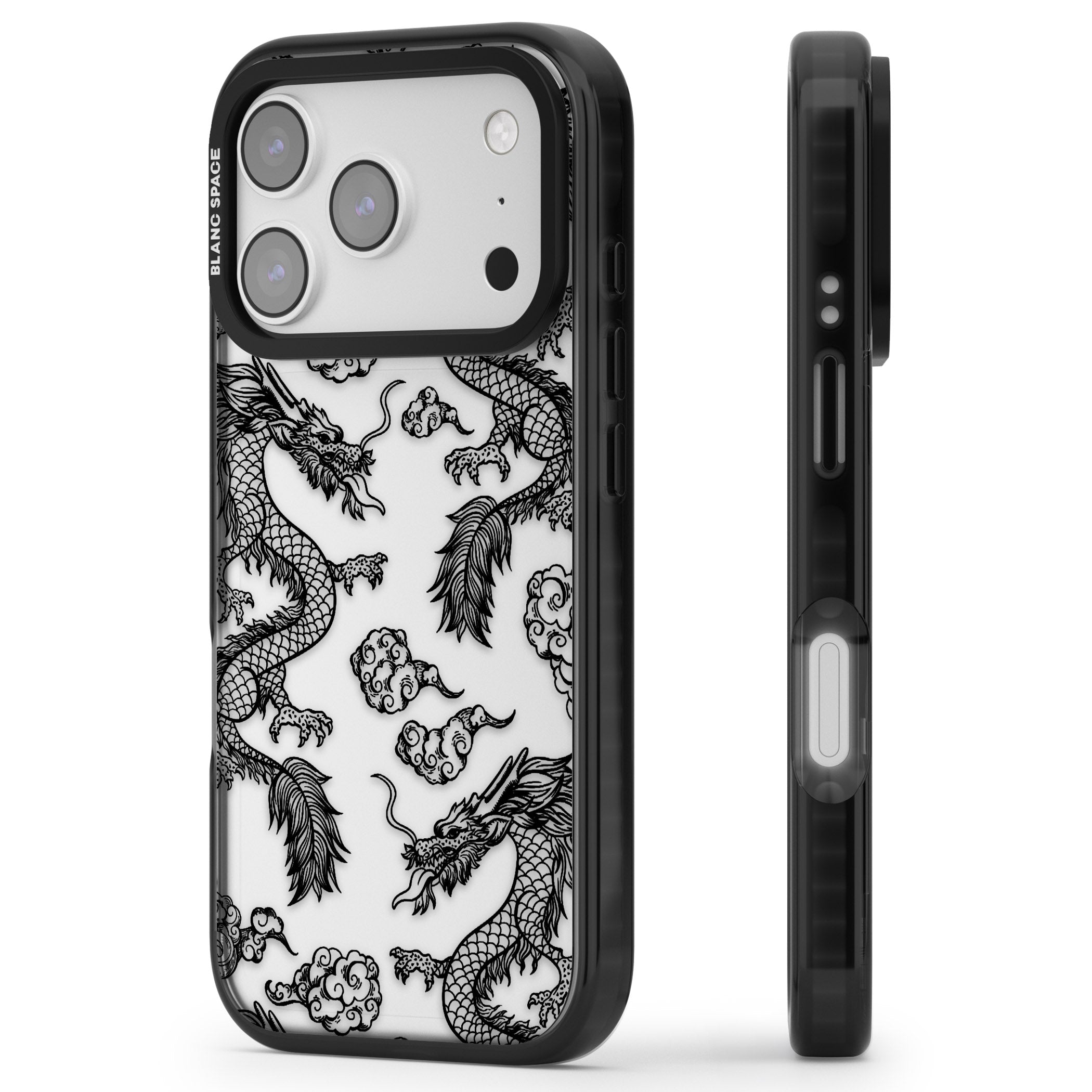 Black Dragon Pattern iPhone 17 Pro Impact Black Phone Case Side Profile