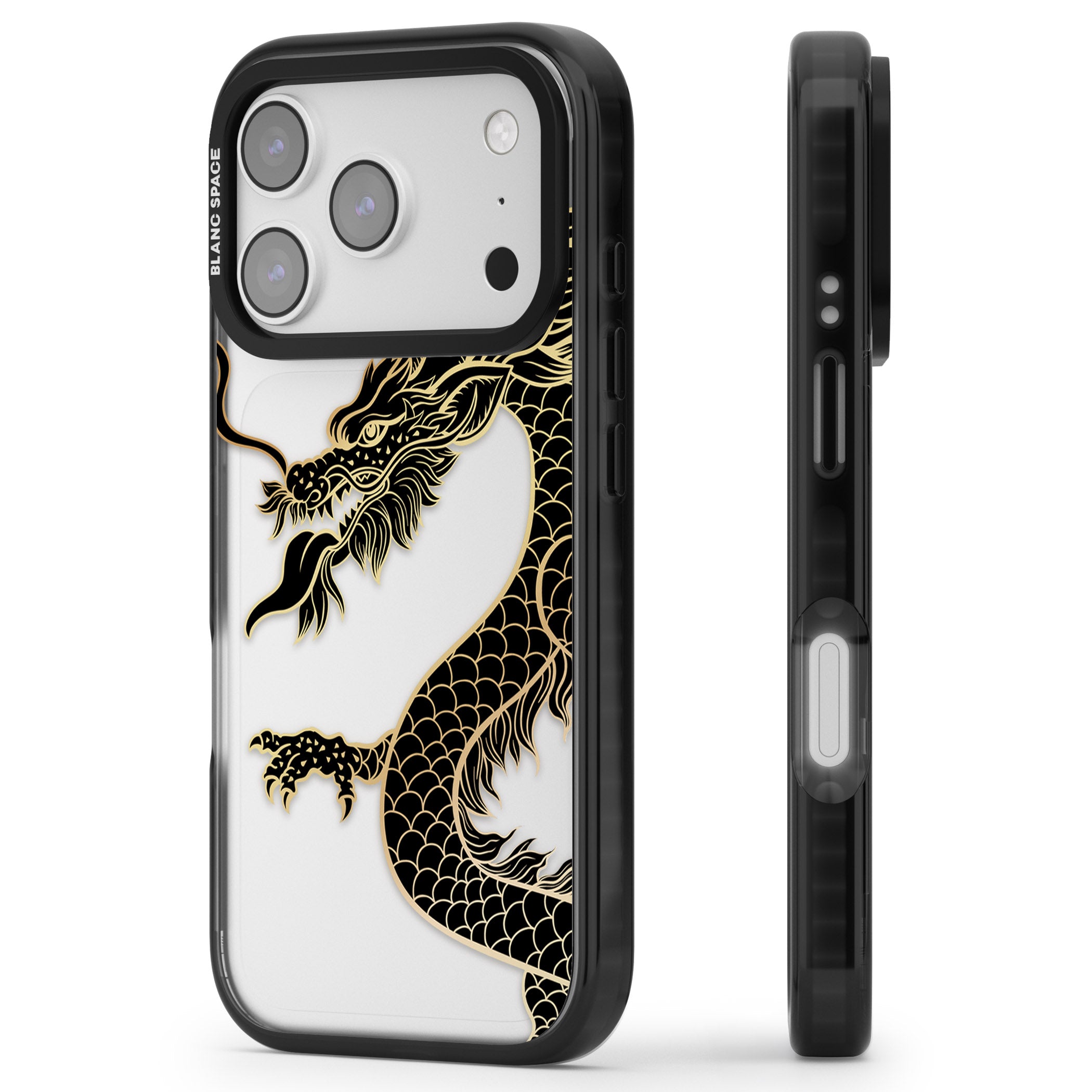 Large Black Dragon iPhone 17 Pro Impact Black Phone Case Side Profile