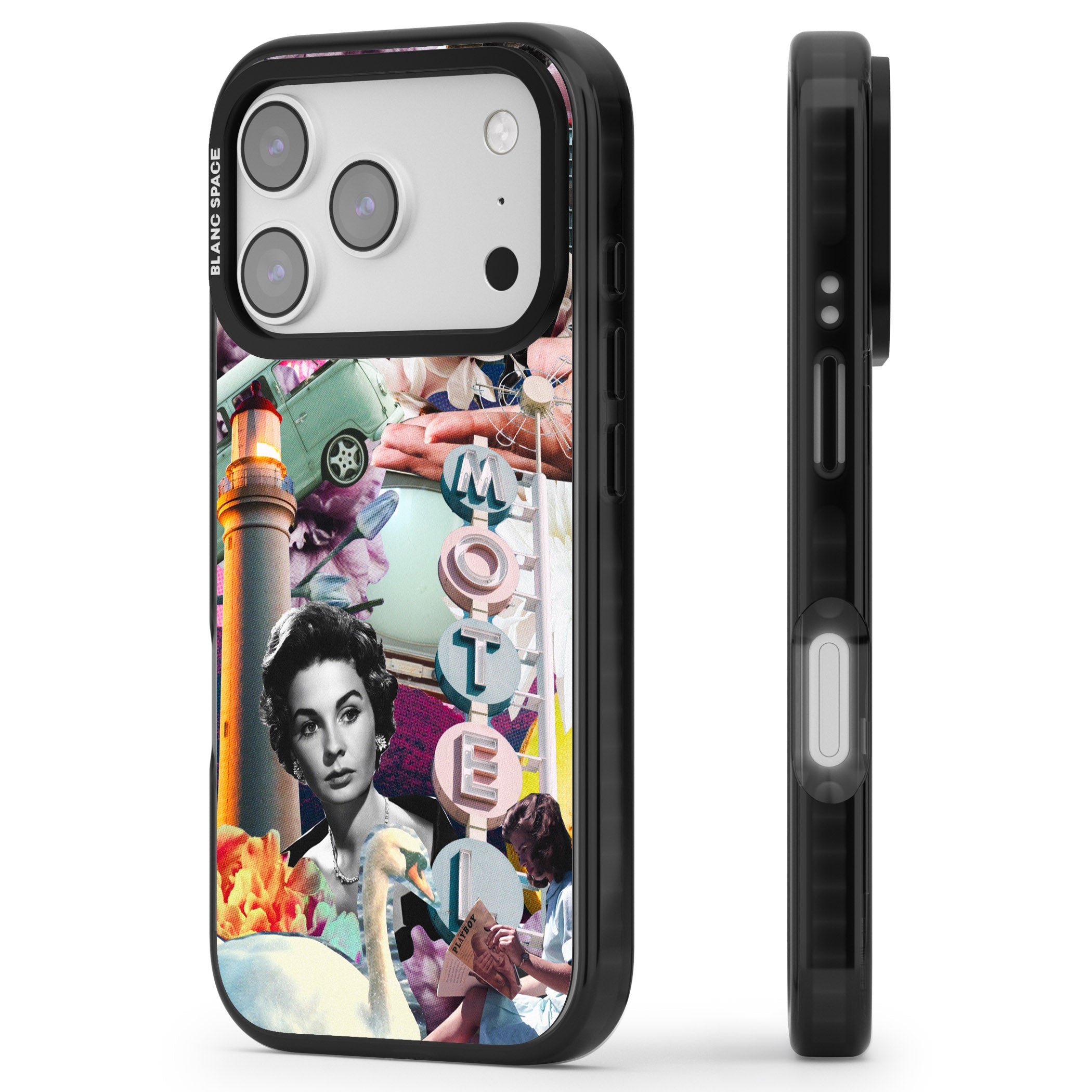 Retro Motel Collage iPhone 17 Pro Impact Black Phone Case Side Profile