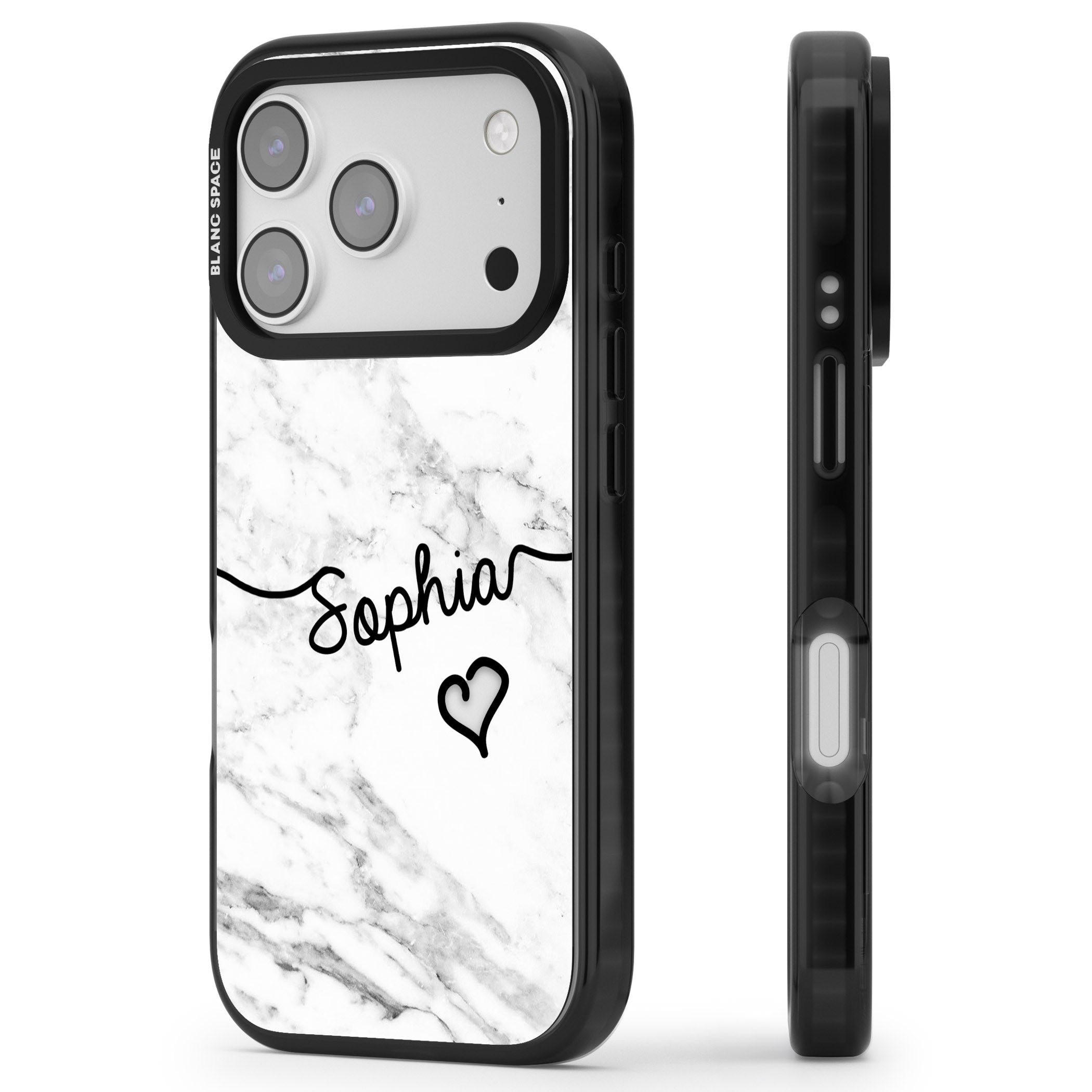 Personalised White Marble Heart iPhone 17 Pro Impact Black Phone Case Side Profile