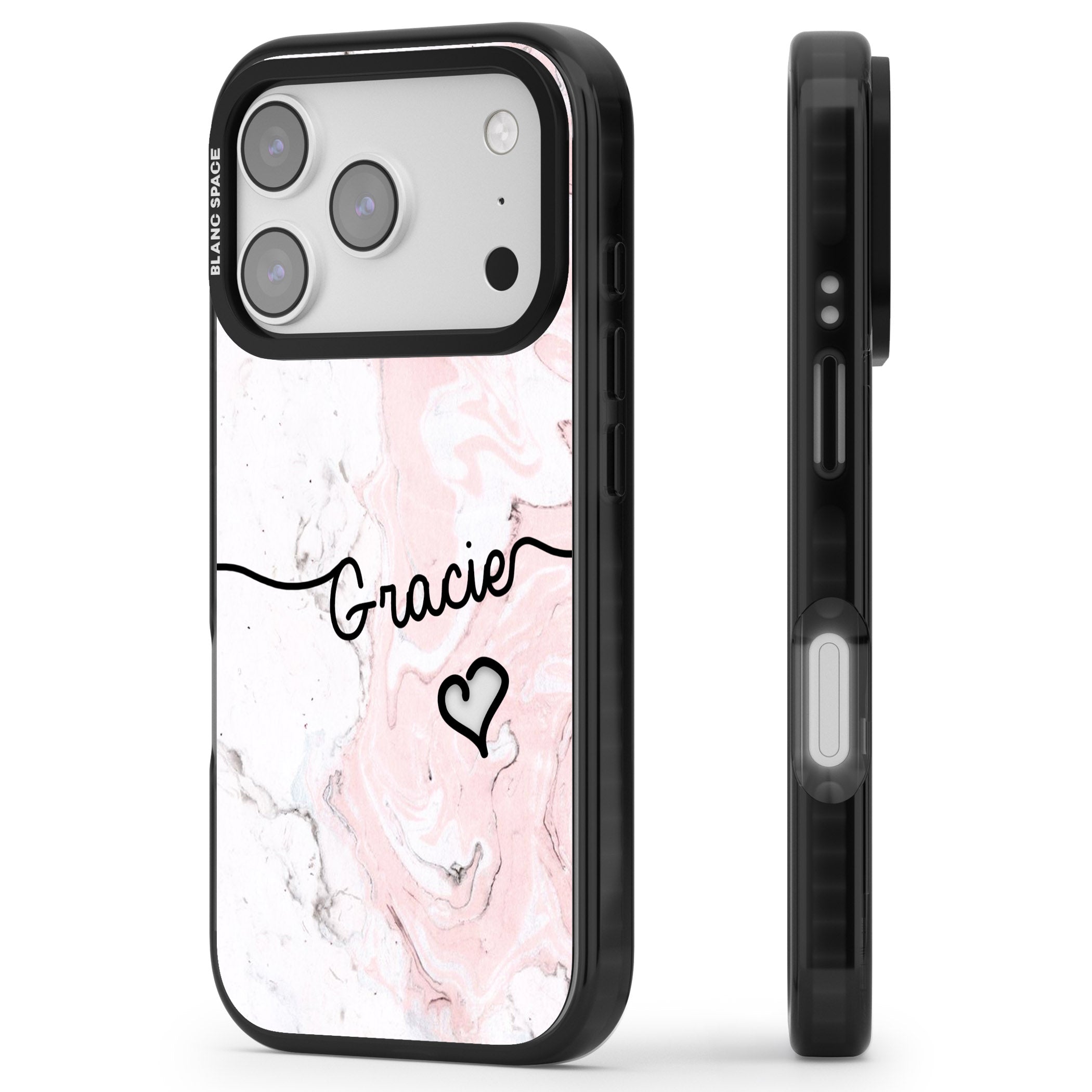 Personalised Pink Marble iPhone 17 Pro Impact Black Phone Case Side Profile