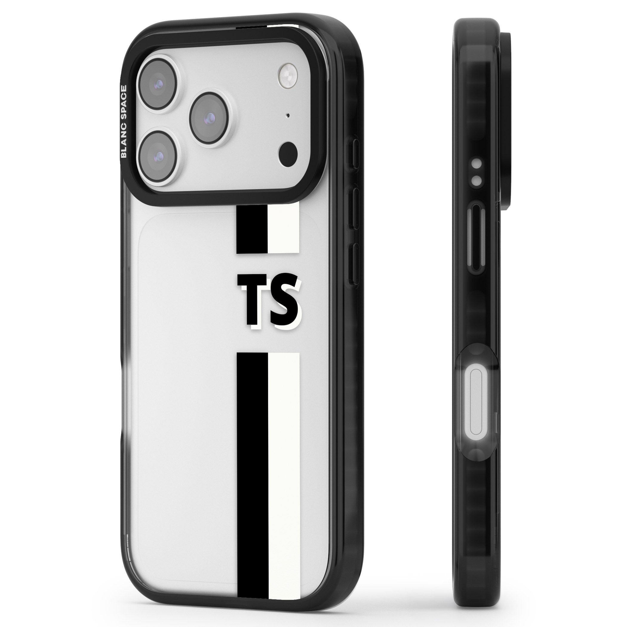 Personalised Black And White Stripe iPhone 17 Pro Max Impact Black Phone Case Side Profile