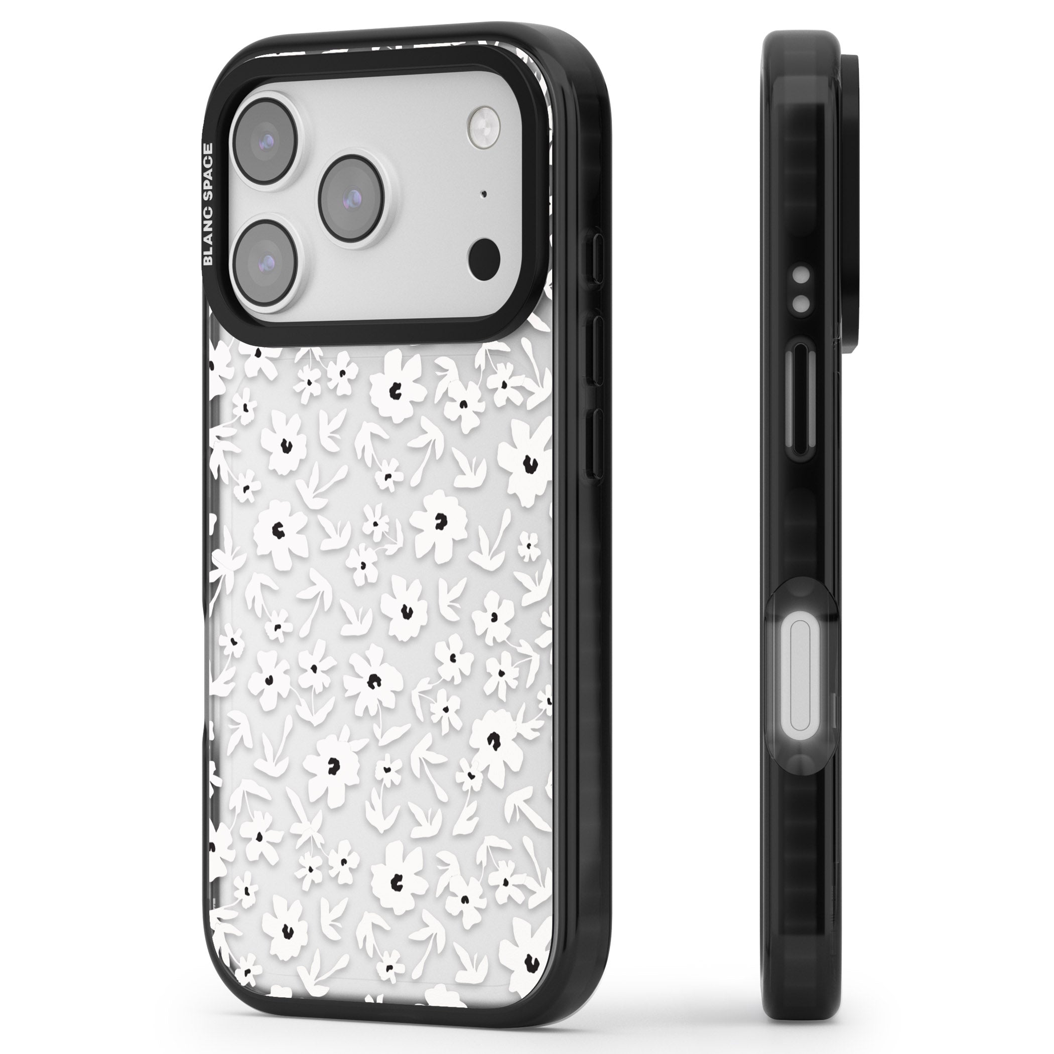 Monochrome Floral iPhone 17 Pro Impact Black Phone Case Side Profile