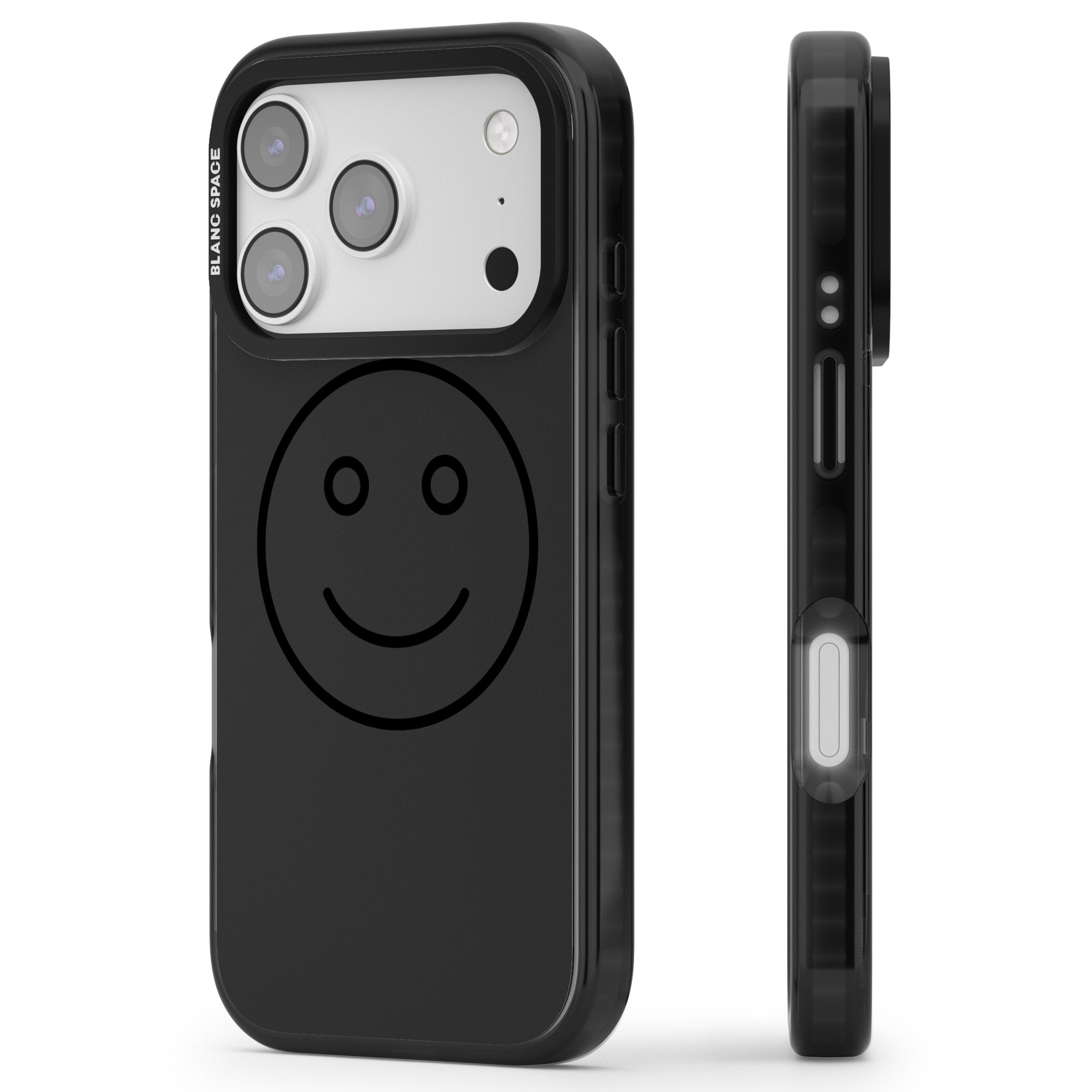 Dark Smiley Face iPhone 17 Pro Impact Black Phone Case Side Profile