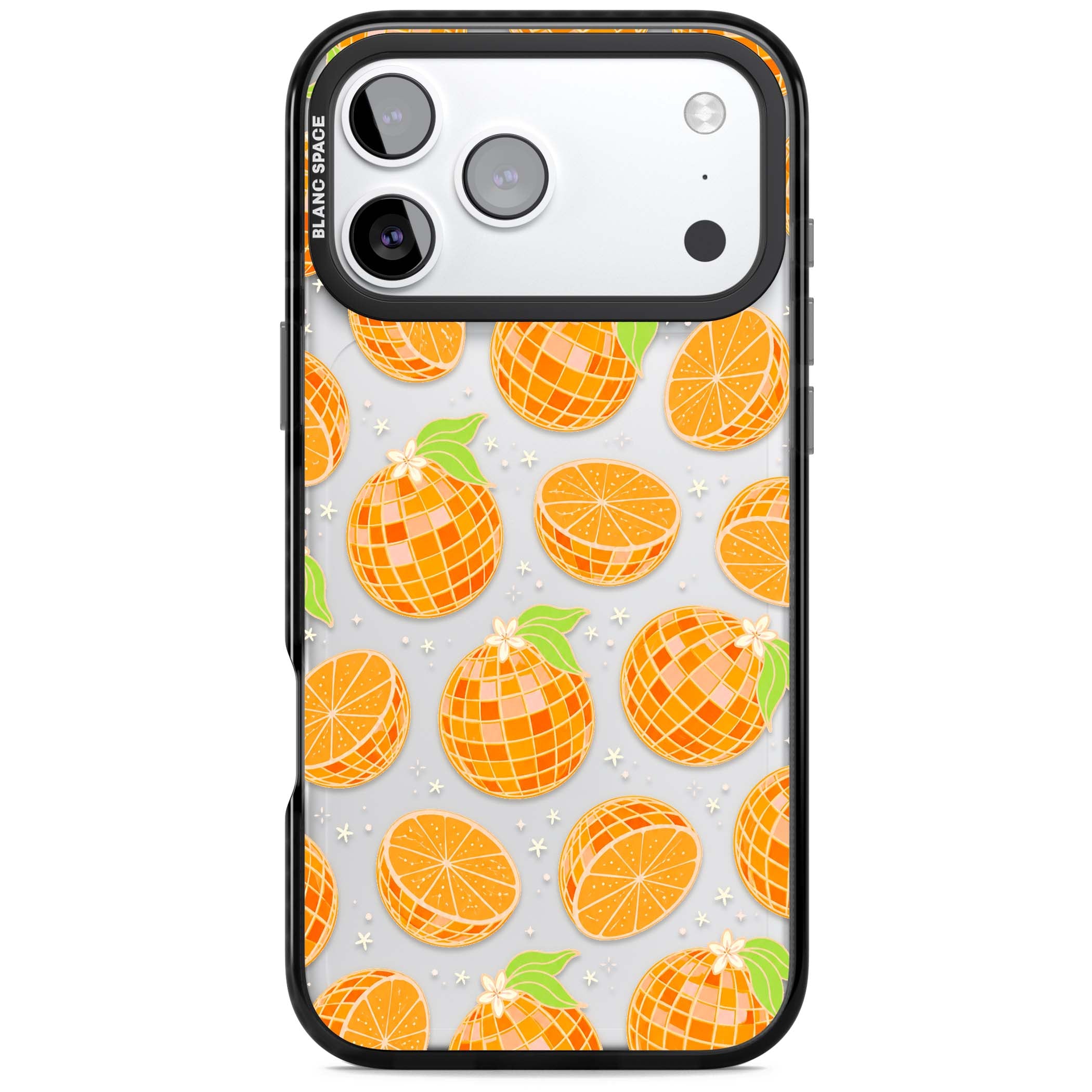 Disco Oranges retro iPhone case featuring mirrorball oranges, citrus slices and tiny blossoms on clear | Clear Impact case for iPhone 17 Pro, iPhone 17 Pro Max