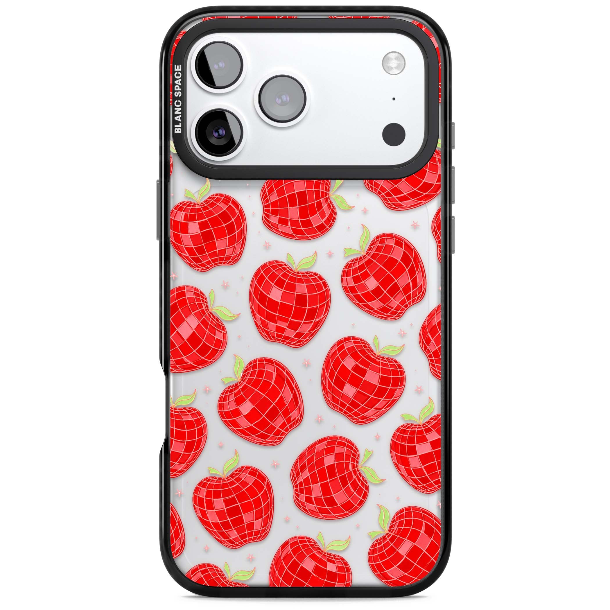 Disco Apples Y2K iPhone case featuring red disco ball apples, green leaves and pink sparkles on clear | Clear Impact case for iPhone 17 Pro, iPhone 17 Pro Max
