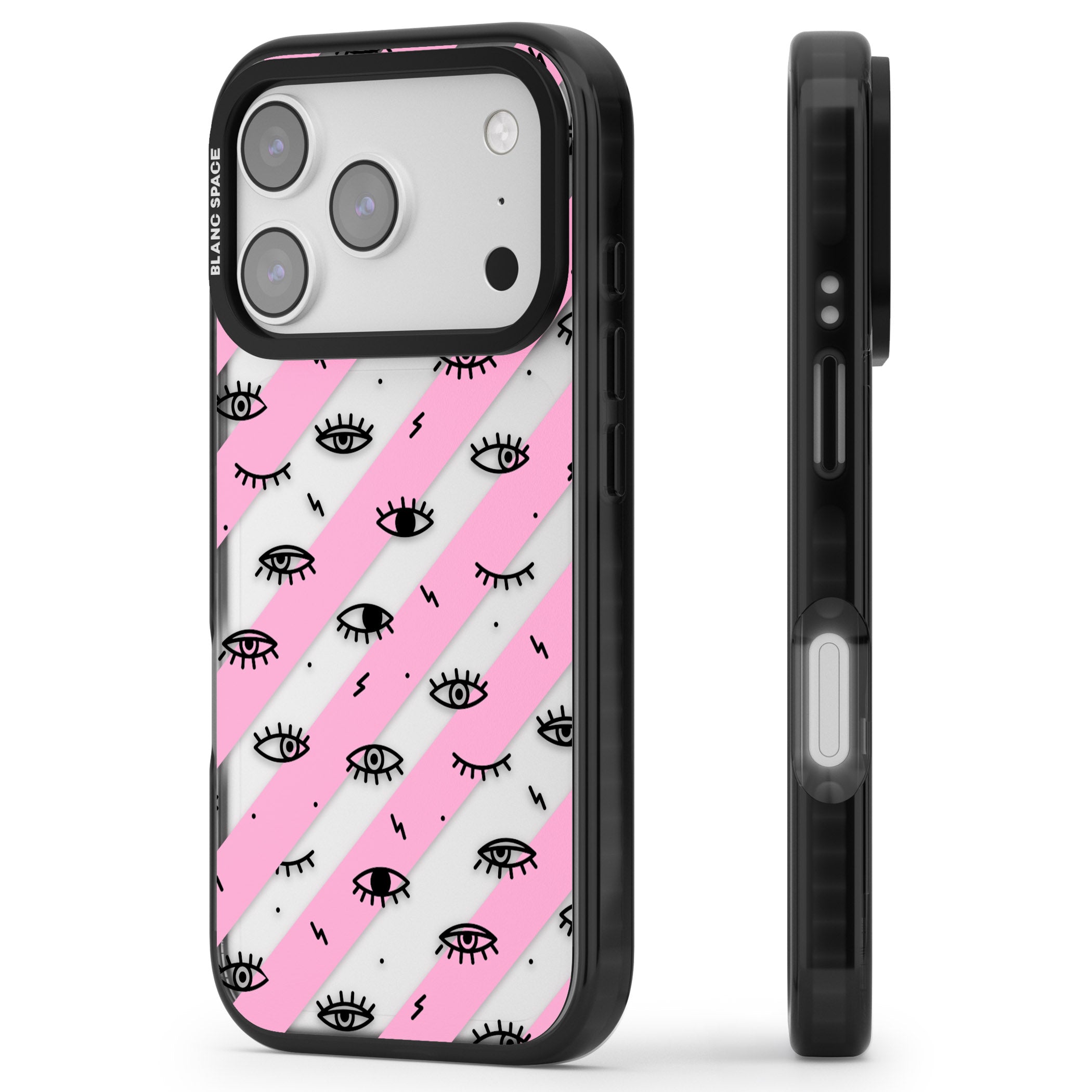 Pink Stripe Eyes iPhone 17 Pro Impact Black Phone Case Side Profile