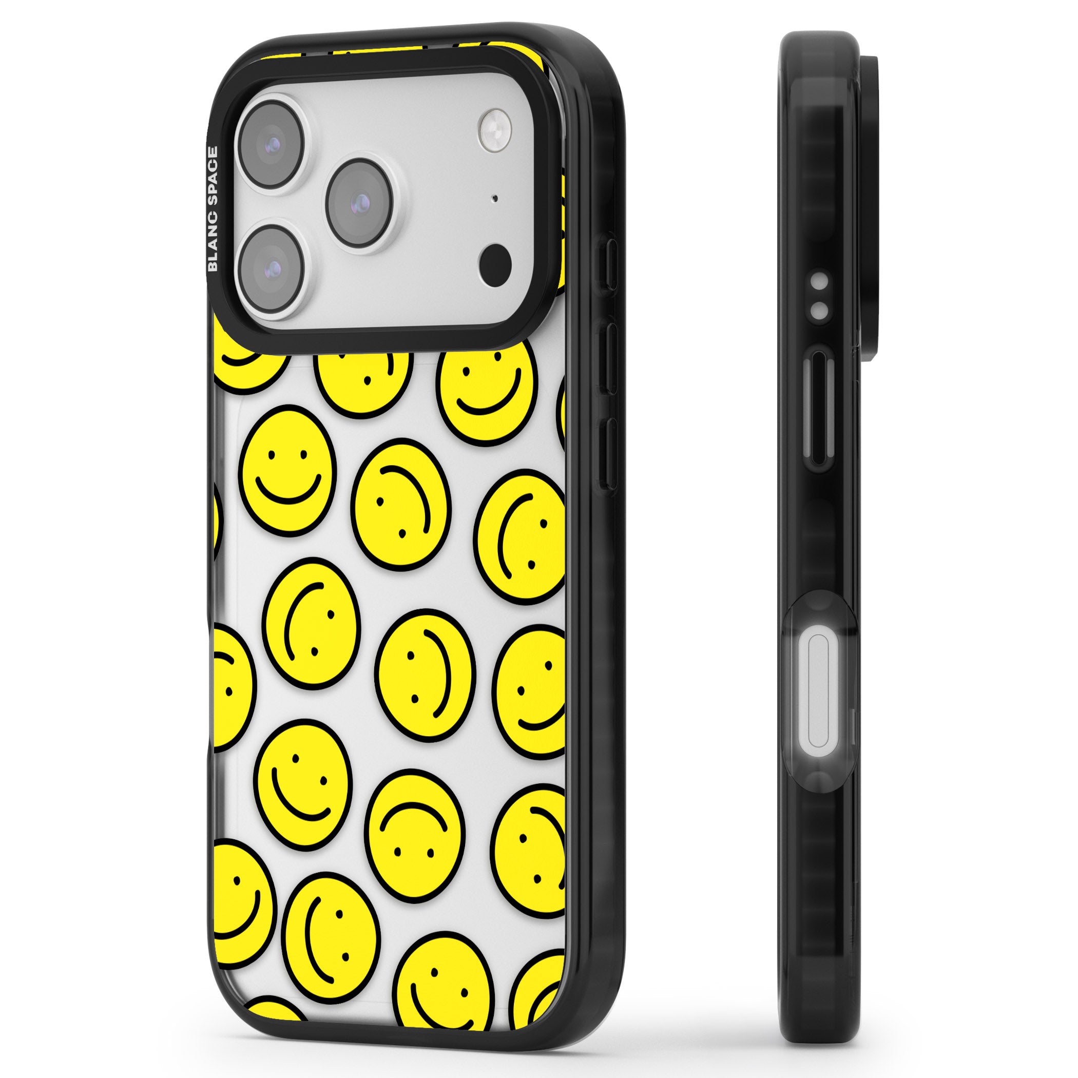 Smiley Face Pattern iPhone 17 Pro Impact Black Phone Case Side Profile