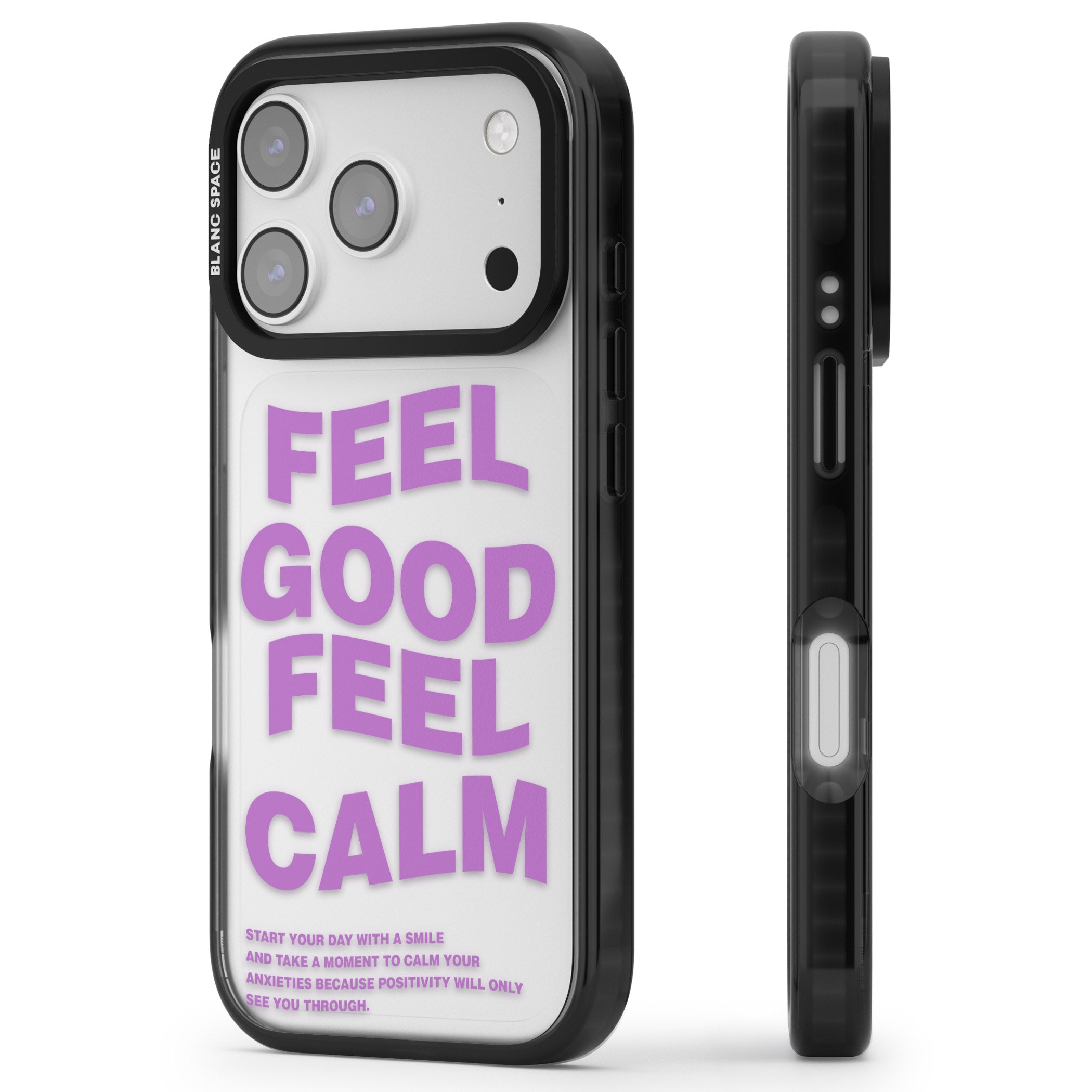 Feel Good Feel Calm (Purple) iPhone 17 Pro Impact Black Phone Case Side Profile