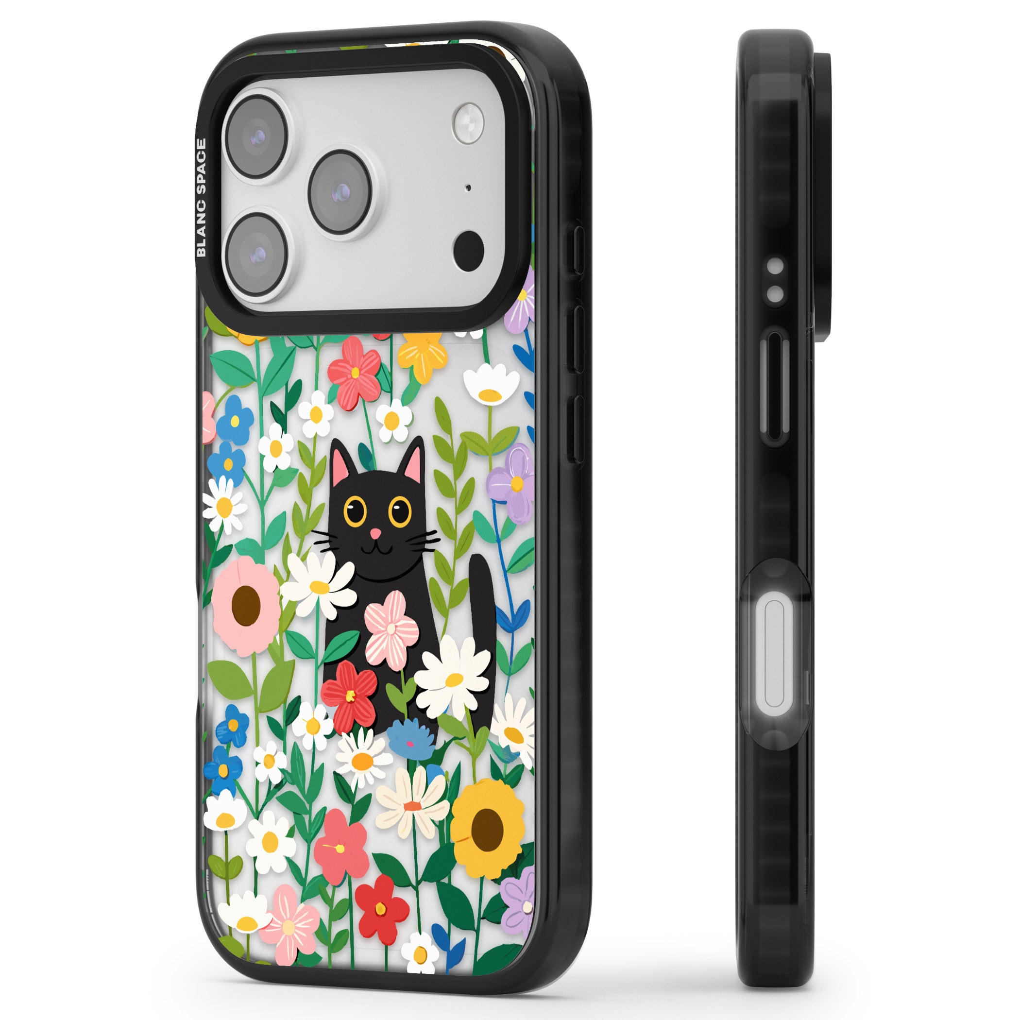 Whiskers & Wildflowers Cat iPhone 17 Pro Impact Black Phone Case Side Profile
