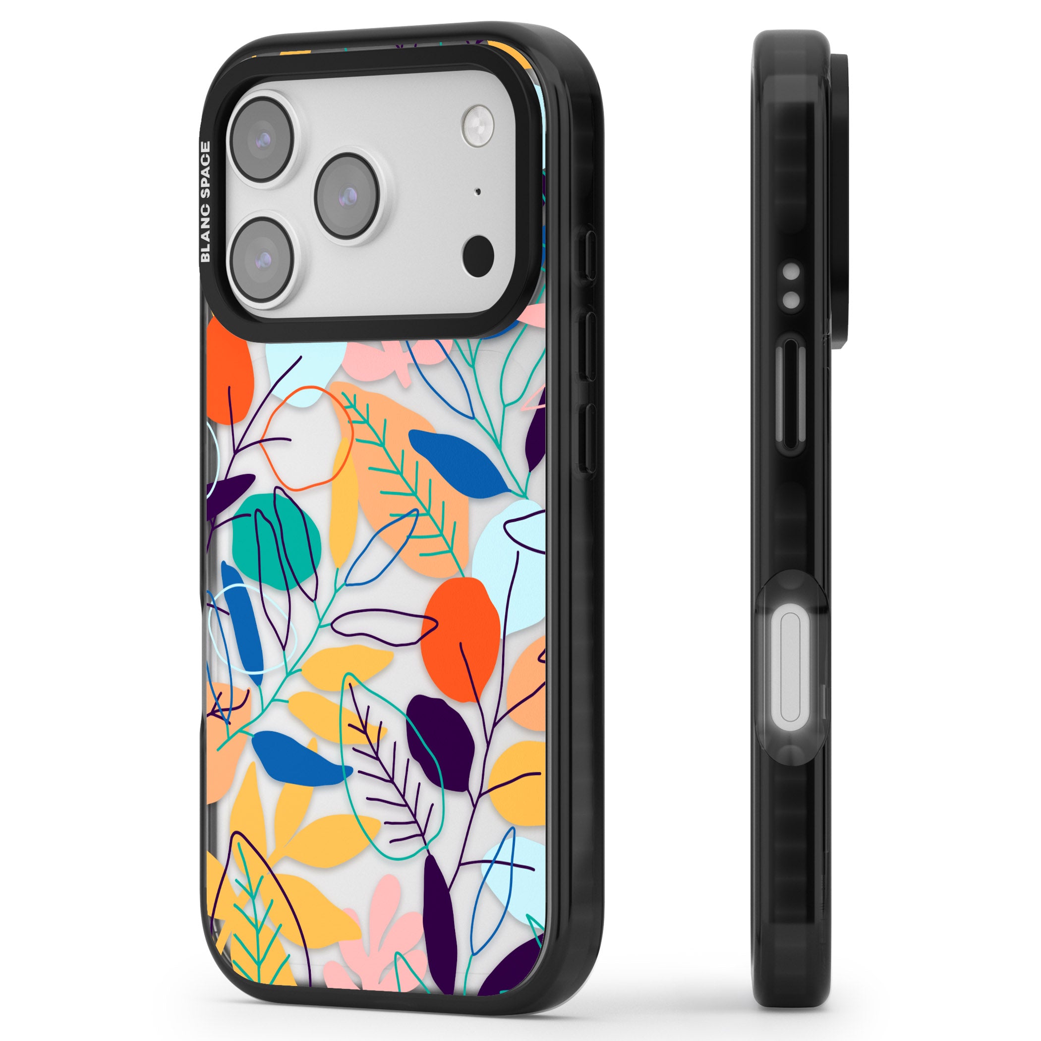 Abstract Line Drawn Leaves iPhone 17 Pro Impact Black Phone Case Side Profile