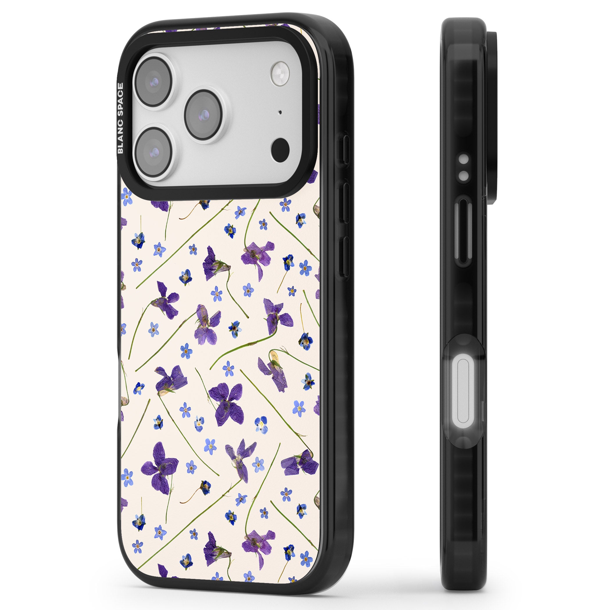 Violet Floral Dream Cream iPhone 17 Pro Impact Black Phone Case Side Profile