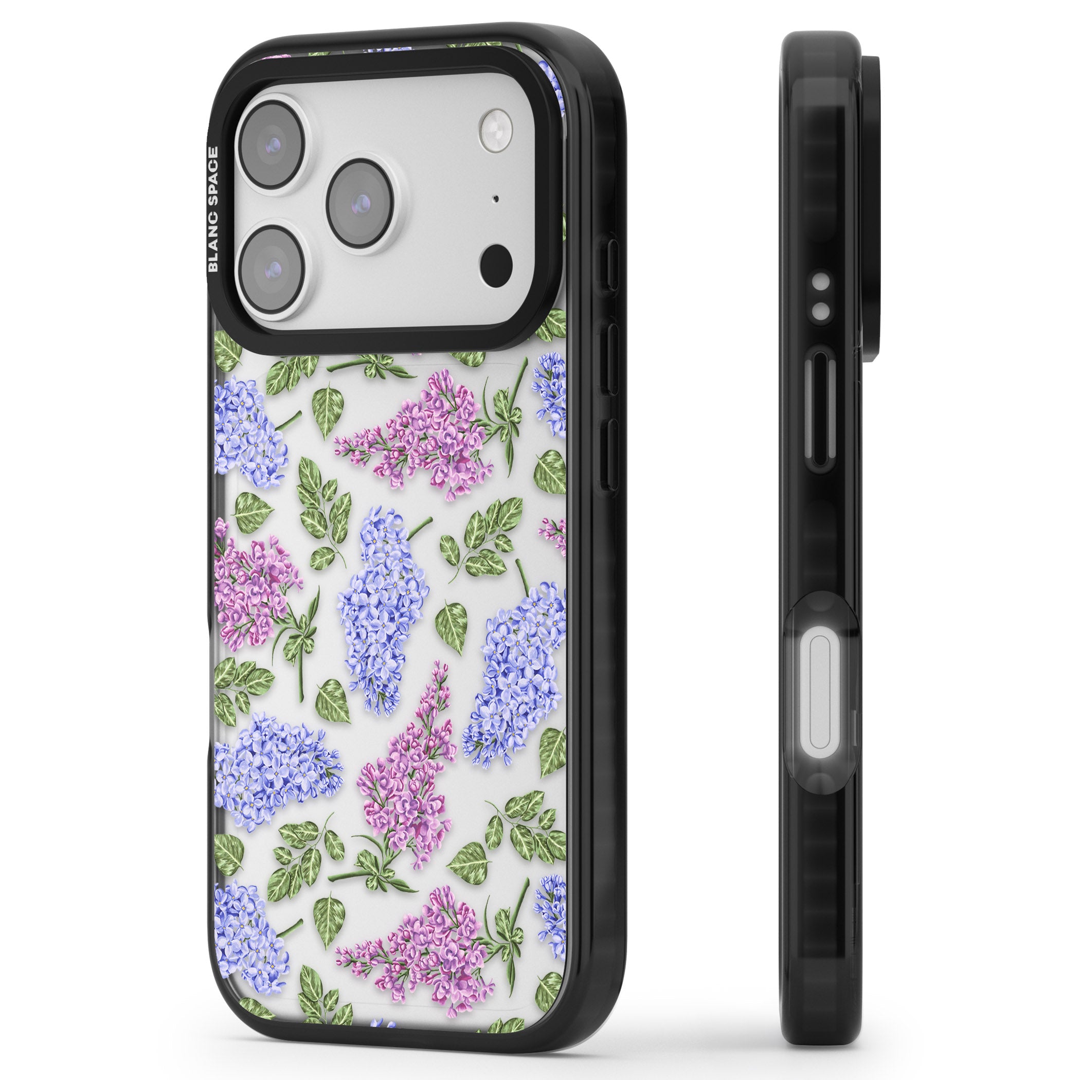 Purple Blossoms Transparent Floral iPhone 17 Pro Impact Black Phone Case Side Profile