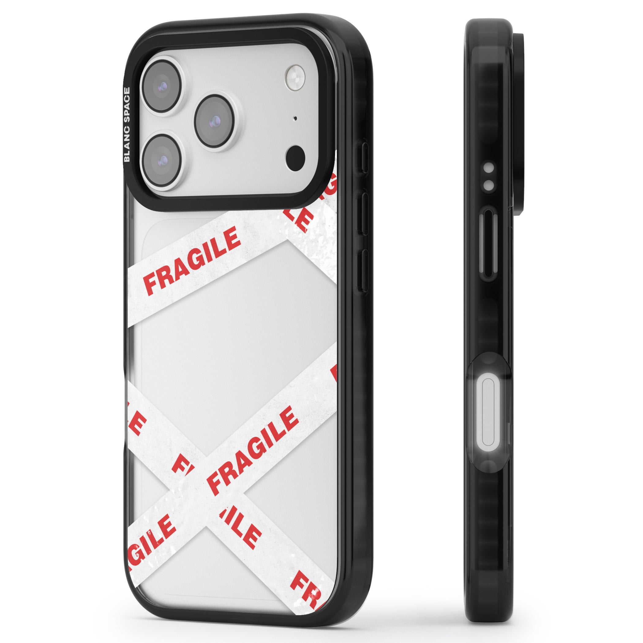Fragile Tape iPhone 17 Pro Impact Black Phone Case Side Profile