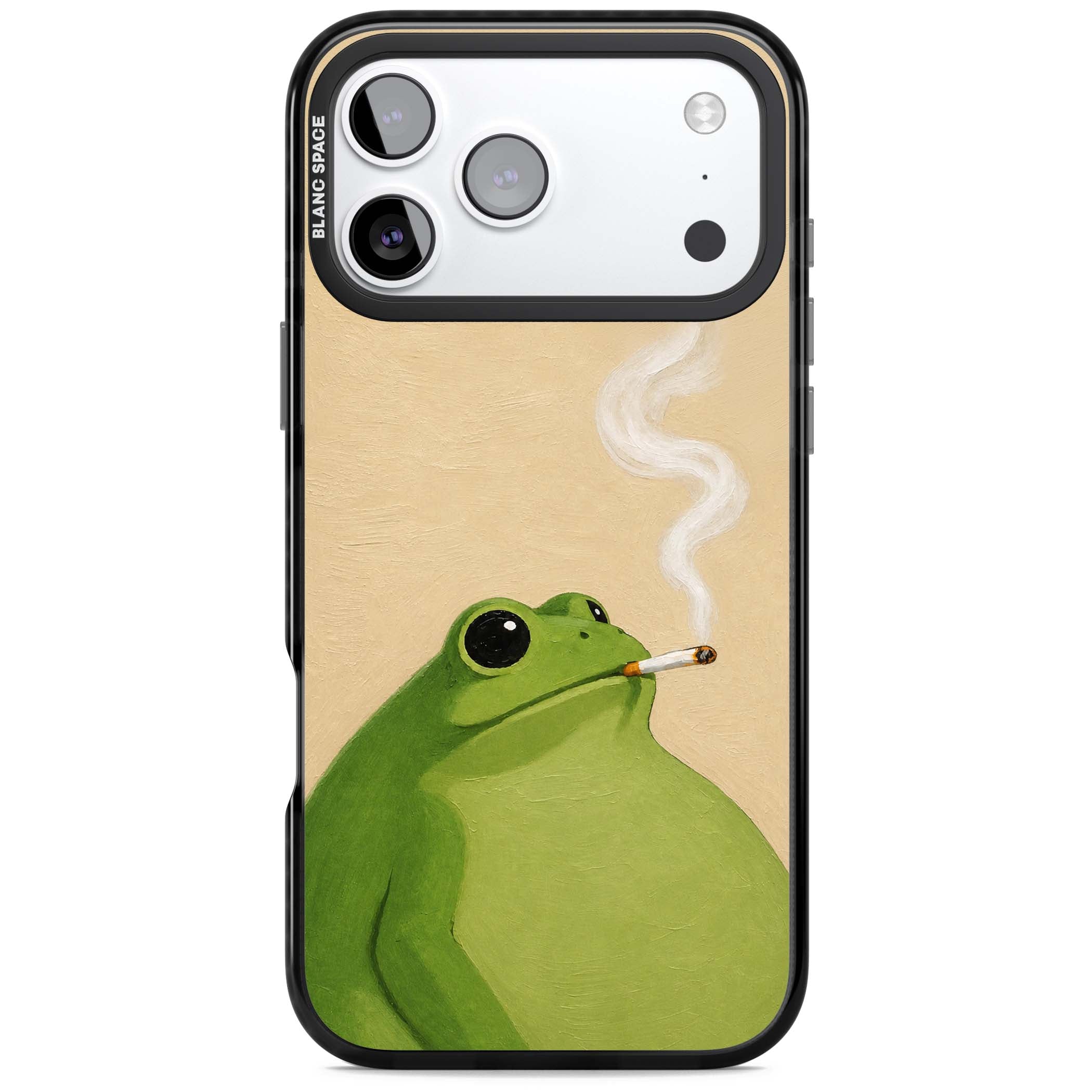 The Smoking Frog cottagecore iPhone case featuring a hand-painted green frog smoking a cigarette on a cream oil painting back | Clear Impact case for iPhone 17 Pro, iPhone 17 Pro Max