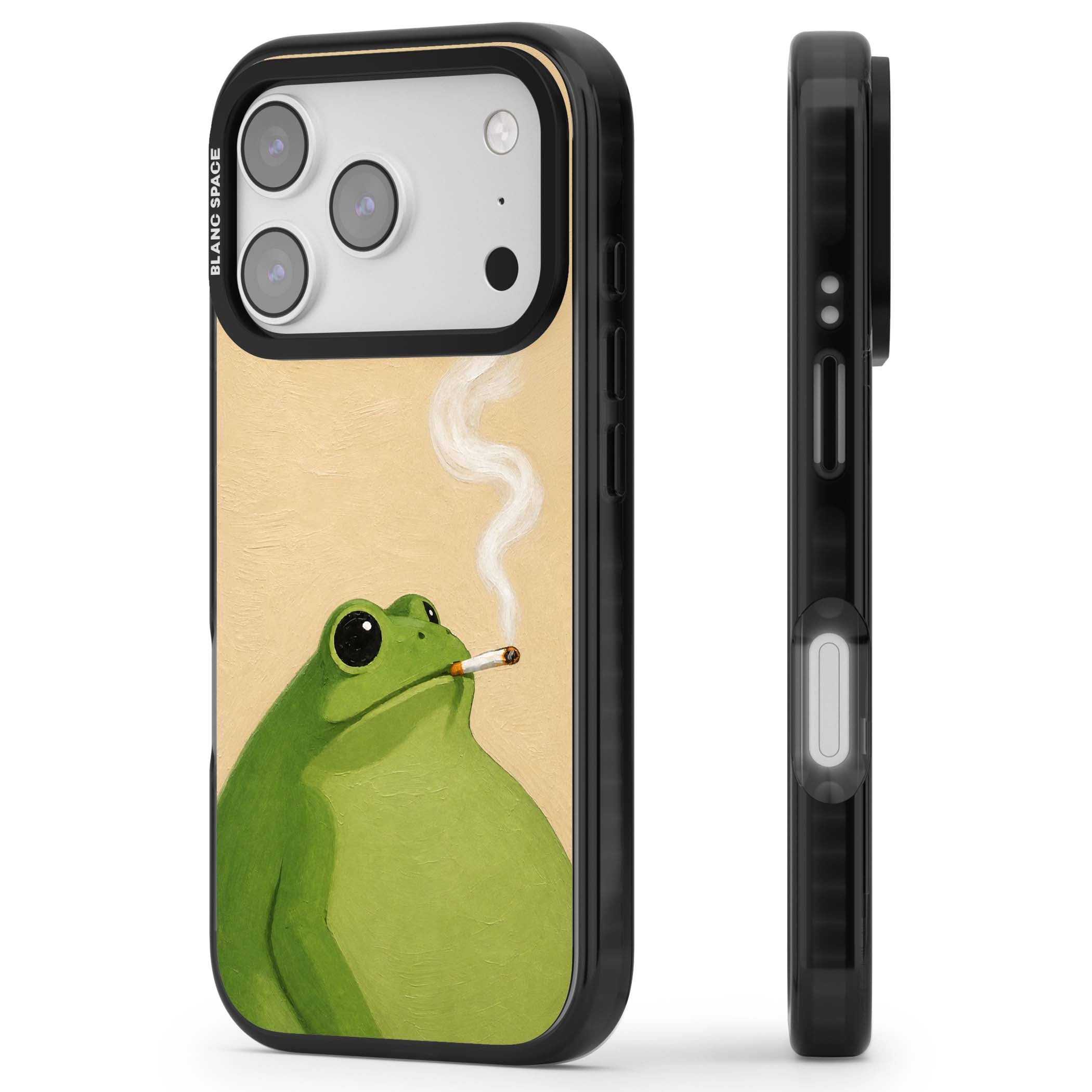 The Smoking Frog cottagecore iPhone case featuring a hand-painted green frog smoking a cigarette on a cream oil painting back | Clear Impact case for iPhone 17 Pro, iPhone 17 Pro Max