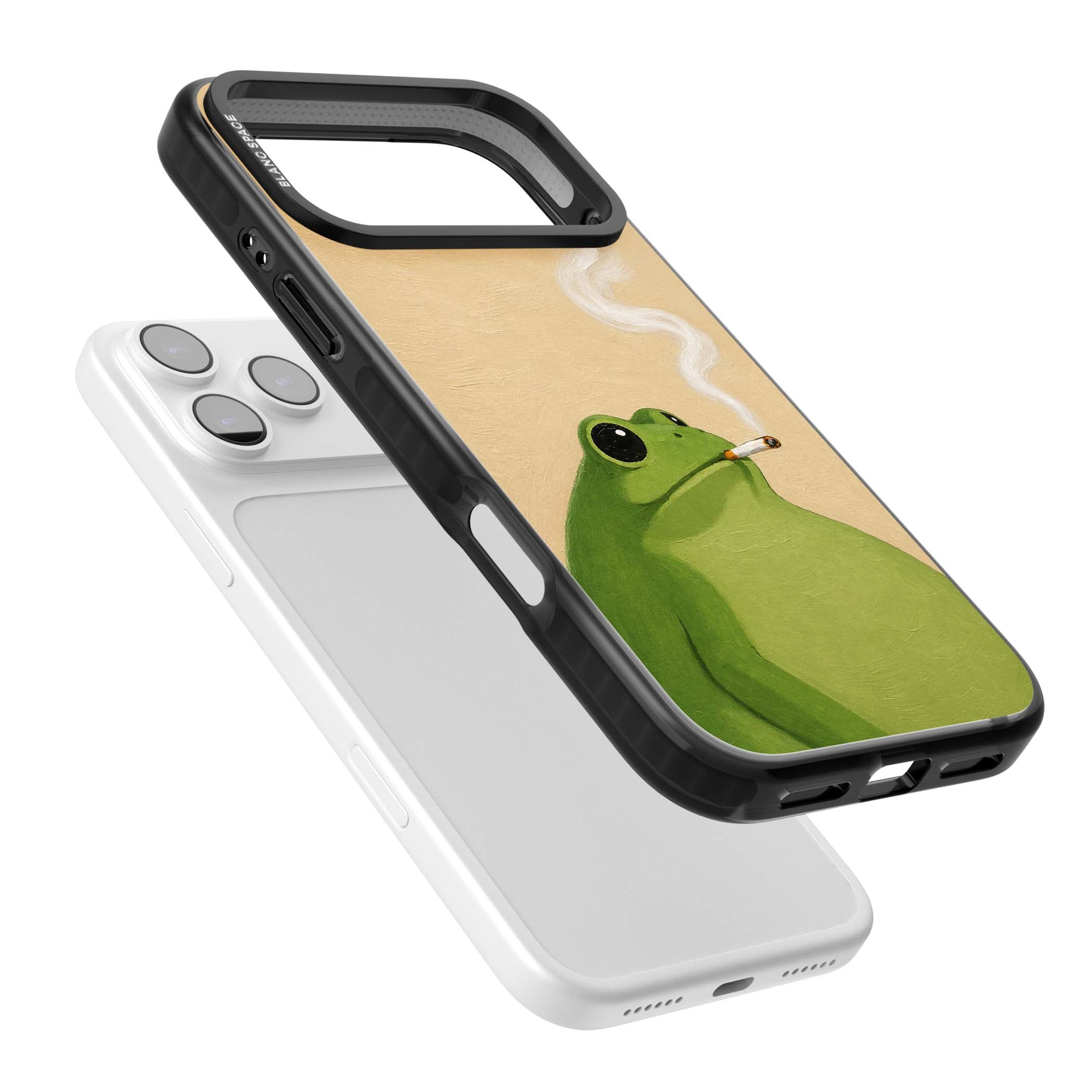 The Smoking Frog cottagecore iPhone case featuring a hand-painted green frog smoking a cigarette on a cream oil painting back | Clear Impact case for iPhone 17 Pro, iPhone 17 Pro Max