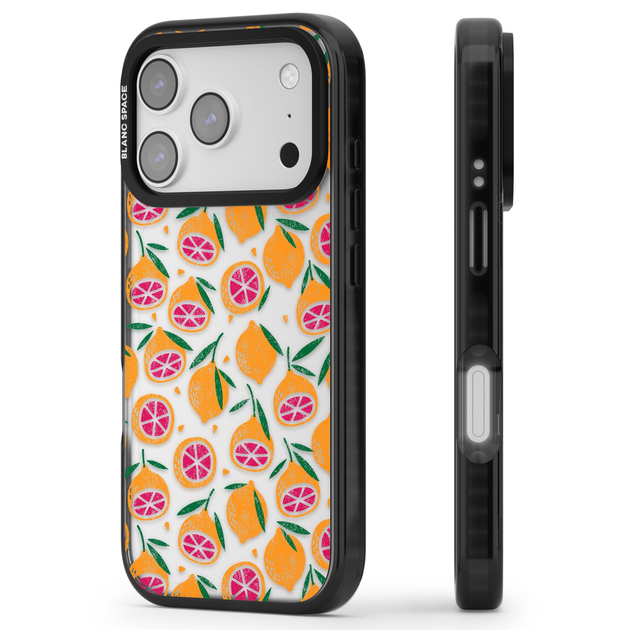 Blood Orange Fruit Pattern Transparent iPhone 17 Pro Impact Black Phone Case Side Profile