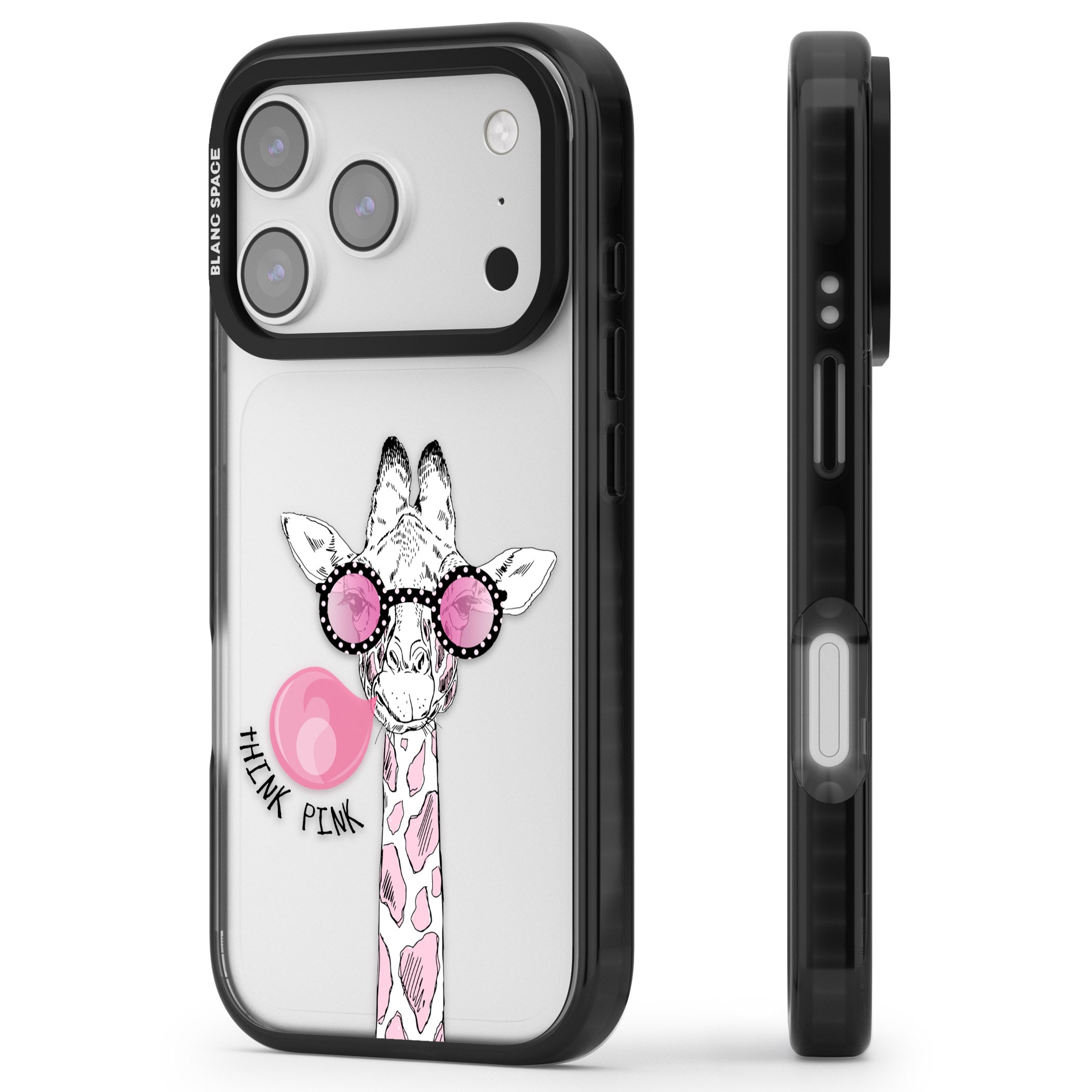 Think Pink Giraffe iPhone 17 Pro Impact Black Phone Case Side Profile