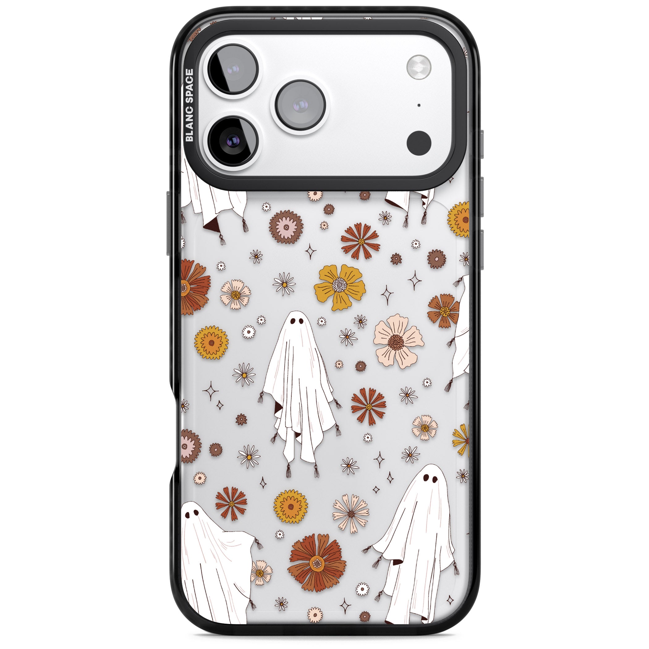 Halloween Ghosts And Flowers iPhone 17 Pro Impact Black Phone Case