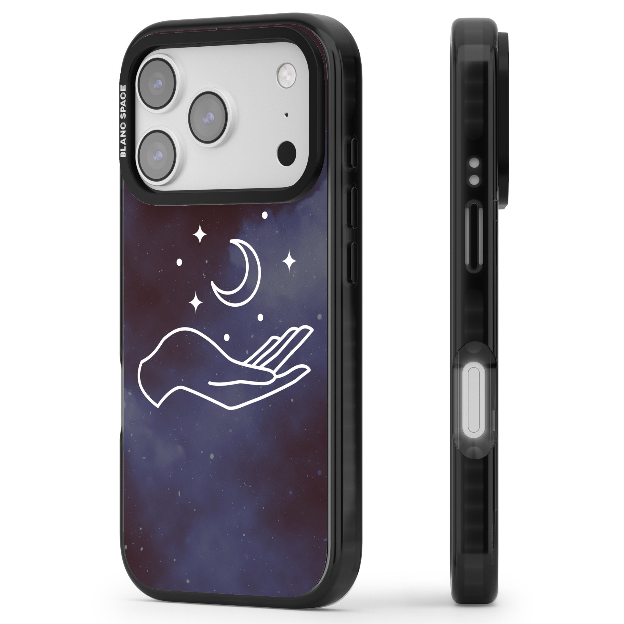Celestial Hand & Moon iPhone 17 Pro Impact Black Phone Case Side Profile