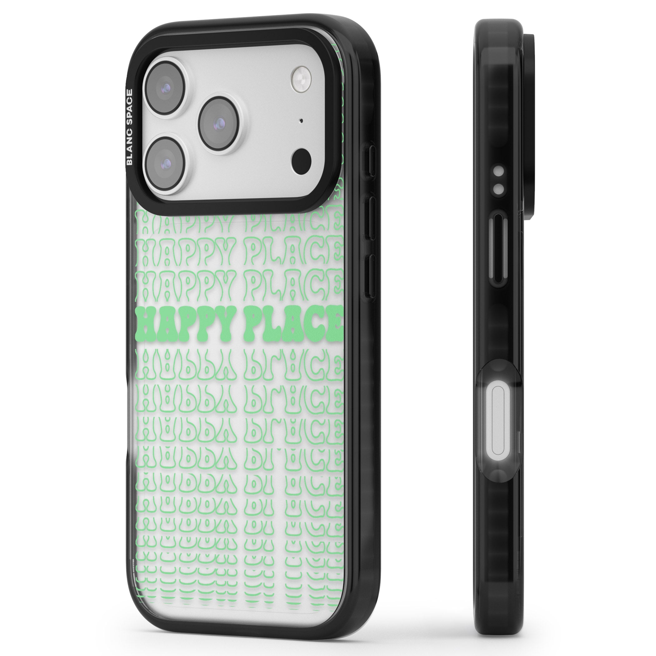 Happy Place (Green) iPhone 17 Pro Impact Black Phone Case Side Profile