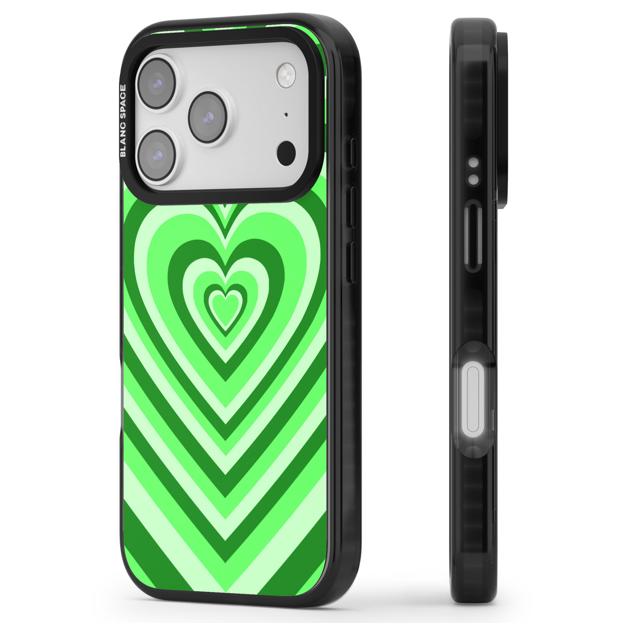 Green Heart Illusion iPhone 17 Pro Impact Black Phone Case Side Profile