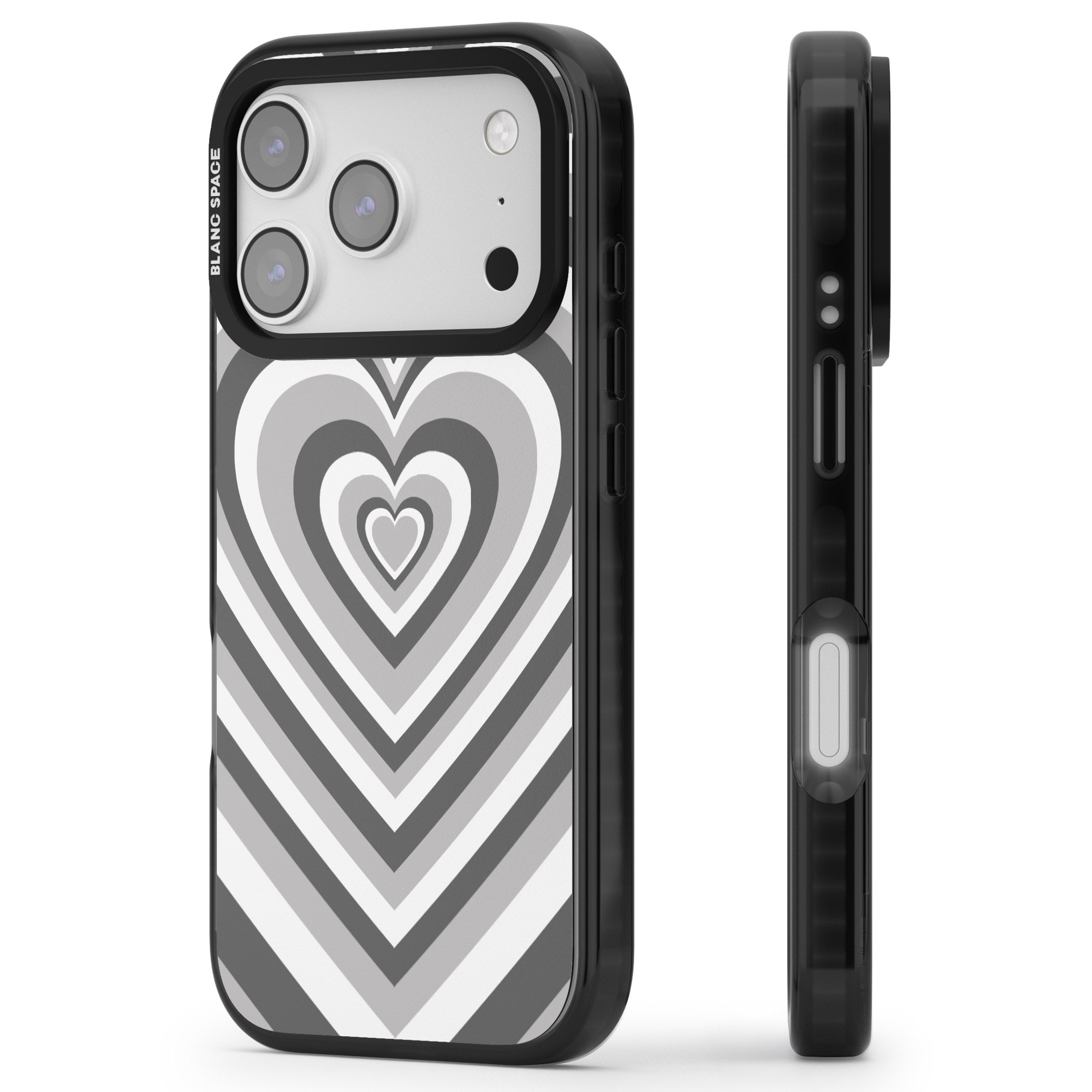 Monochrome Heart Illusion iPhone 17 Pro Impact Black Phone Case Side Profile