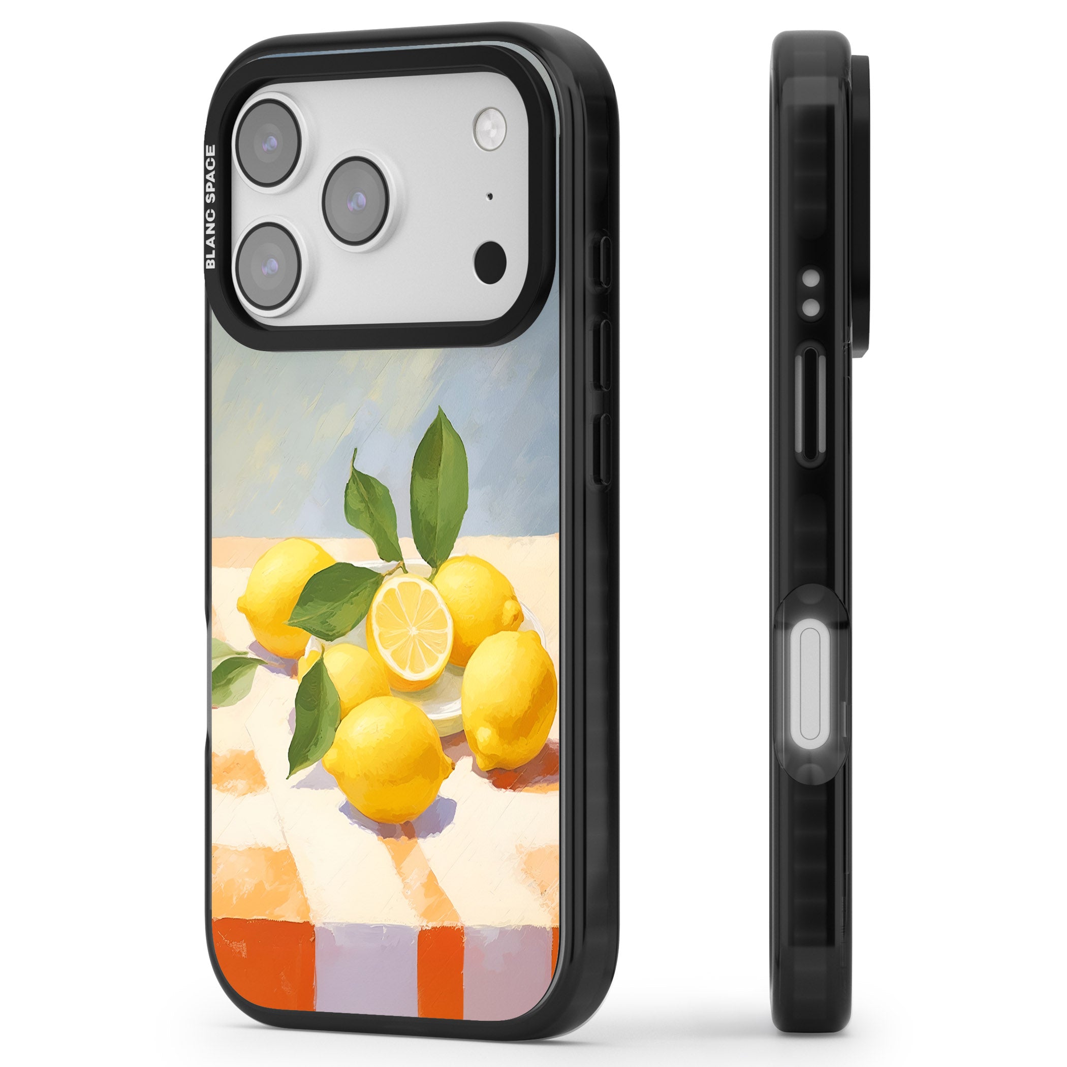 Lemons on Checkered Cloth iPhone 17 Pro Impact Black Phone Case Side Profile