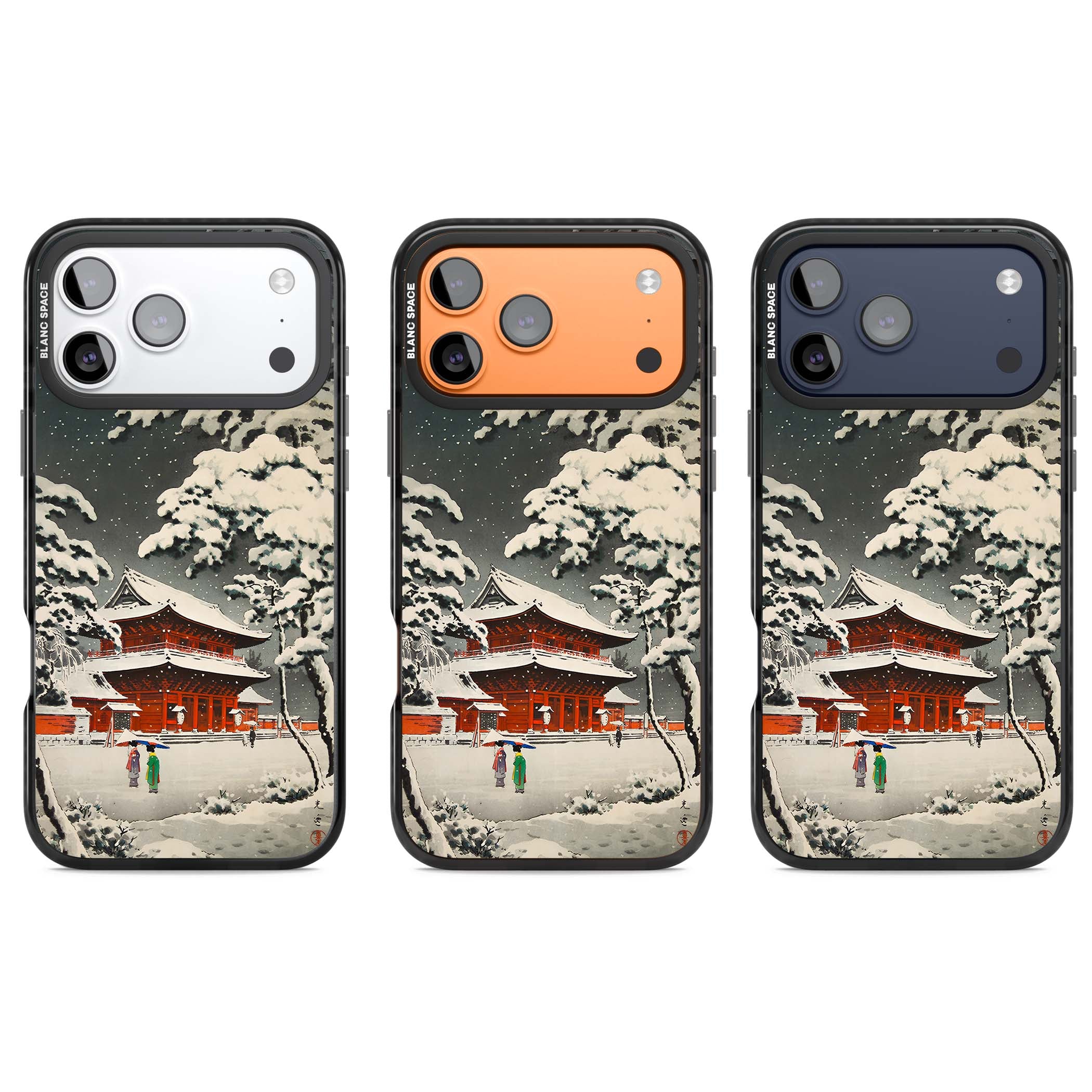 Snow at Shiha Park, Tokyo Japanese art iPhone case featuring a vintage ukiyo-e snowy temple, red pagoda, and snow-covered pin | Clear Impact case for iPhone 17 Pro, iPhone 17 Pro Max
