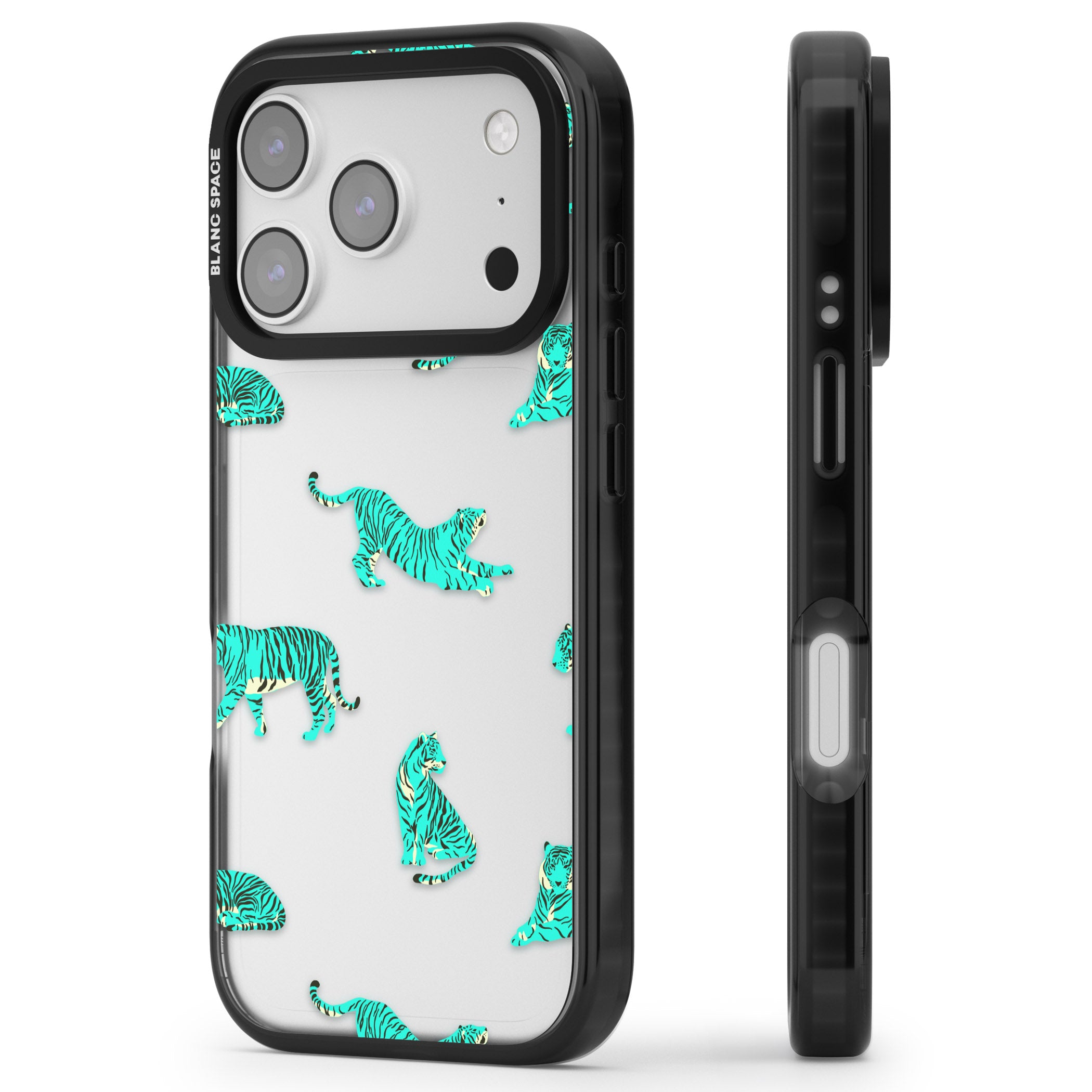 Turquoise Tiger iPhone 17 Pro Impact Black Phone Case Side Profile