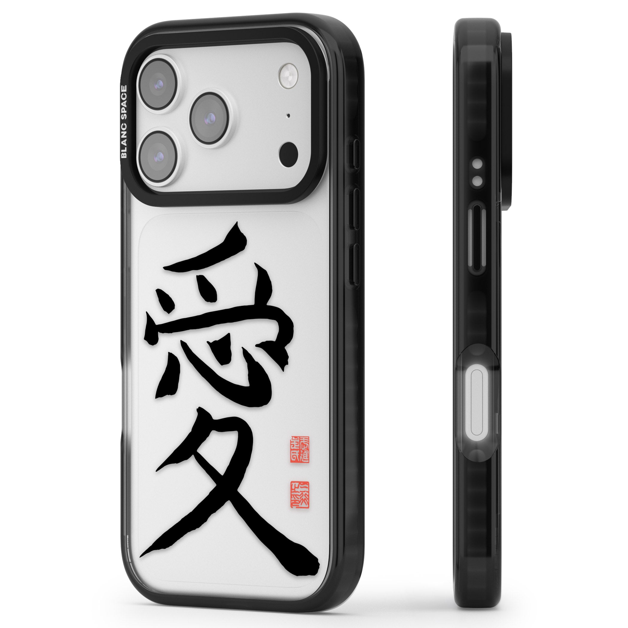 Japanese Kanji Love iPhone 17 Pro Impact Black Phone Case Side Profile