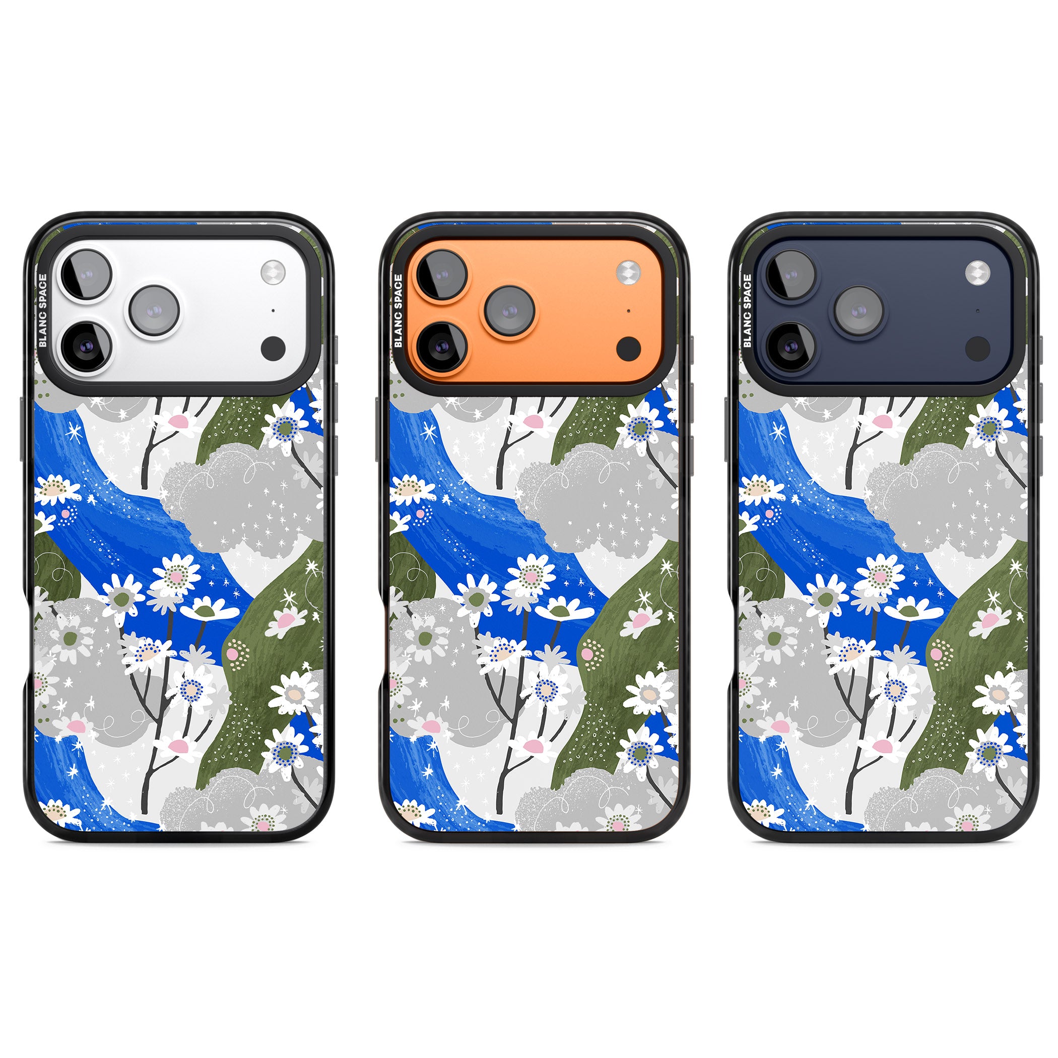 Blue & Grey Daisies Pattern iPhone 17 Pro Impact Pro Black Phone Case APT Impact Protection