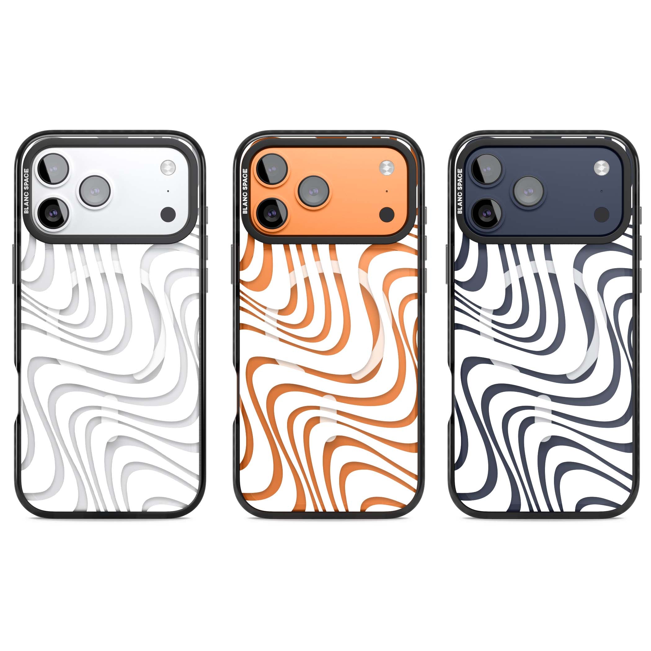 White Abstract Waves abstract iPhone case featuring flowing grey wave pattern on clear background | Black Impact Magsafe case for iPhone 17 Pro, iPhone 17 Pro Max
