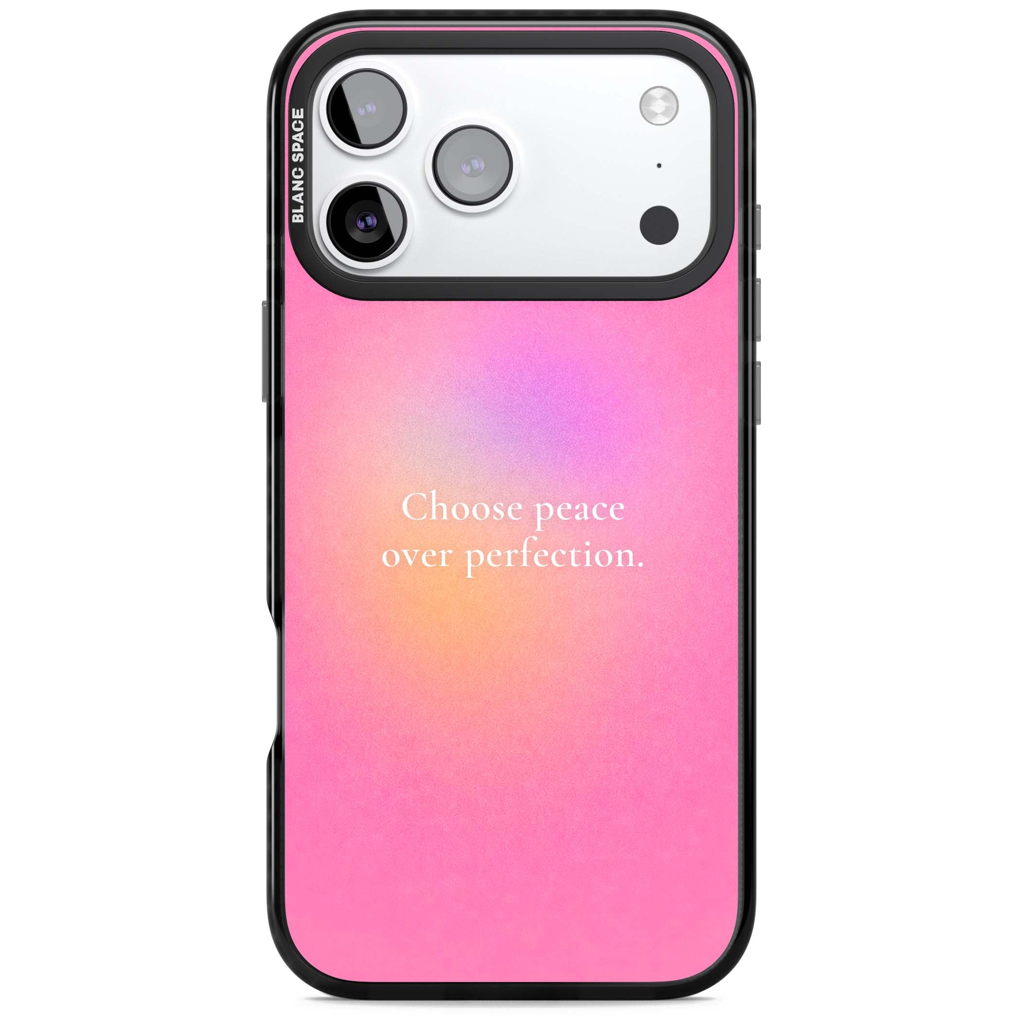 Peace Over Perfection quote iPhone case featuring a dreamy pink aura gradient and delicate white affirmation text | Black Impact Magsafe case for iPhone 17 Pro, iPhone 17 Pro Max