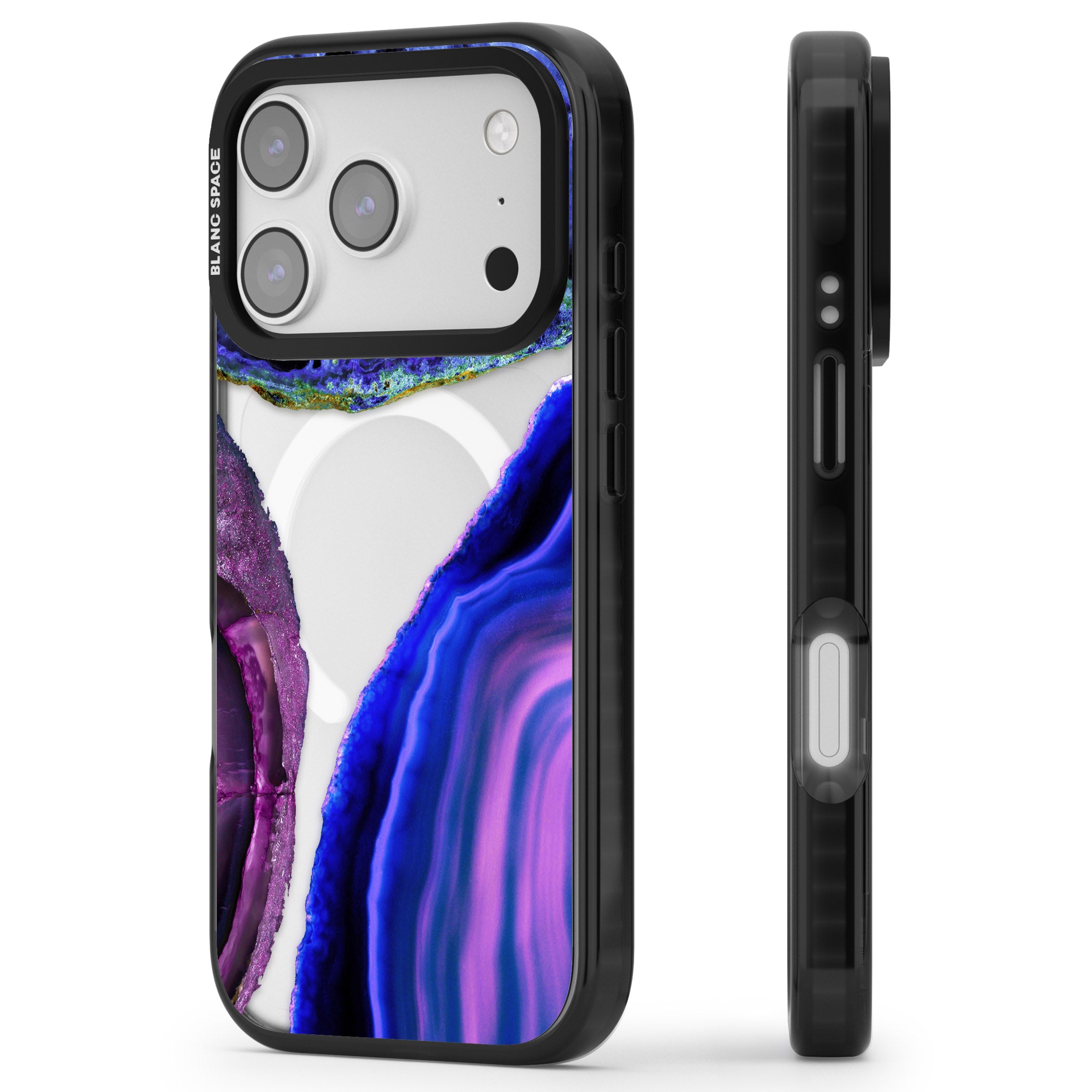 Violet Agate Slice iPhone 17 Pro Impact Pro Black Phone Case Side Profile