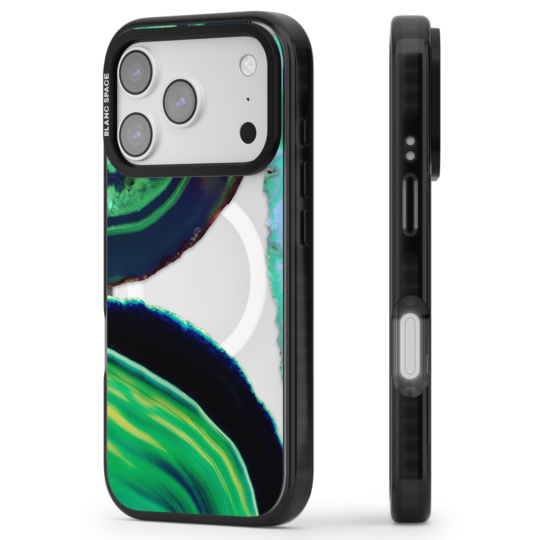 Green Geode Glow iPhone 17 Pro Impact Pro Black Phone Case Side Profile
